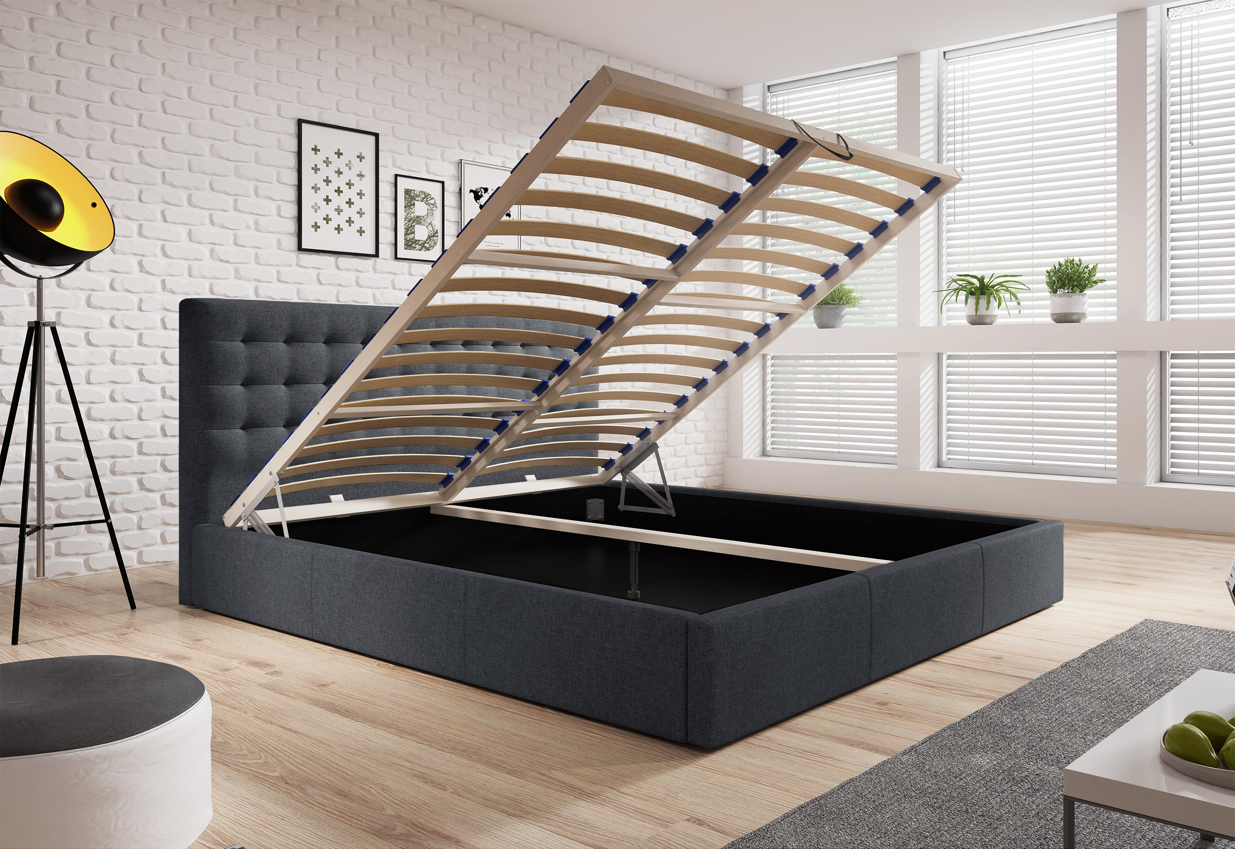 Łóżko tapicerowane 140x200 cm Veramo z pojemnikiem grafitowe plecionka