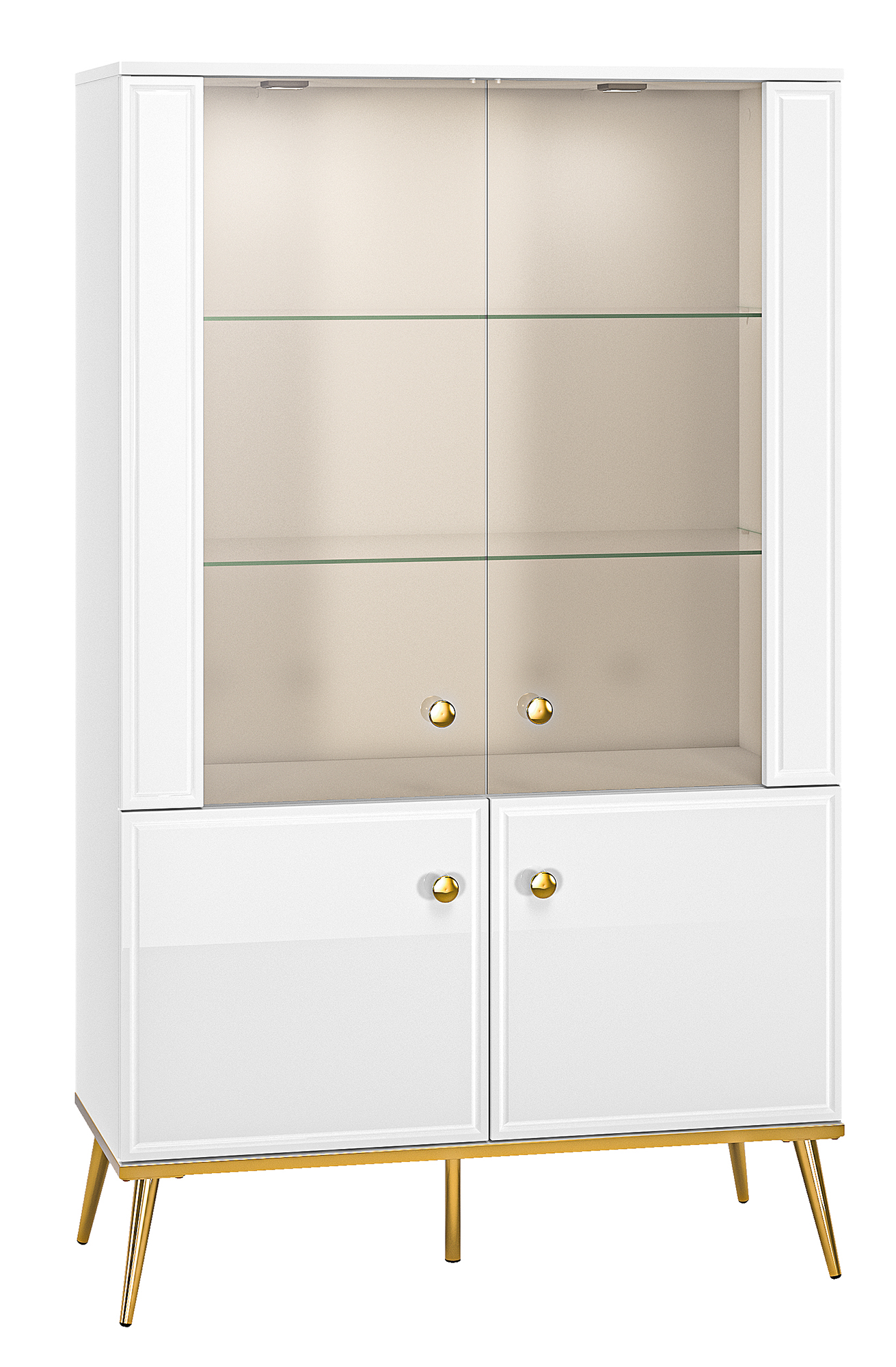 Witryna czterodrzwiowa Darrby 92 cm biała/biały połysk ze złotymi nogami z led - zdjęcie 1