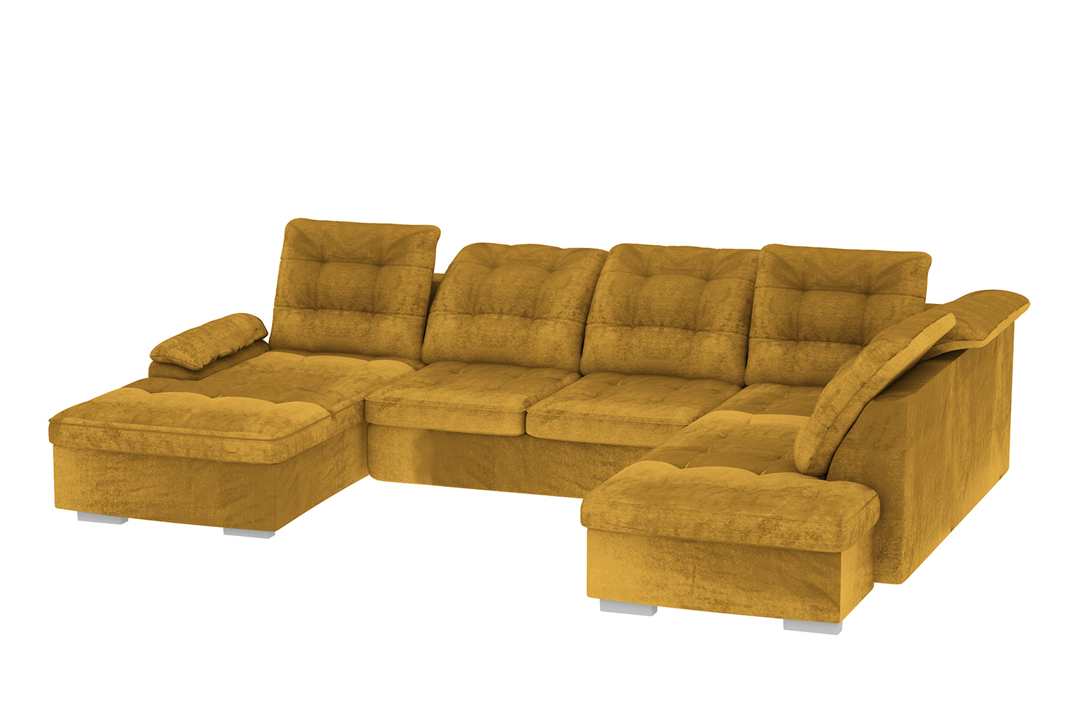 Narożnik z funkcją spania Jamaal U-kształtny z pojemnikiem musztardowy welur hydrofobowy lewostronny