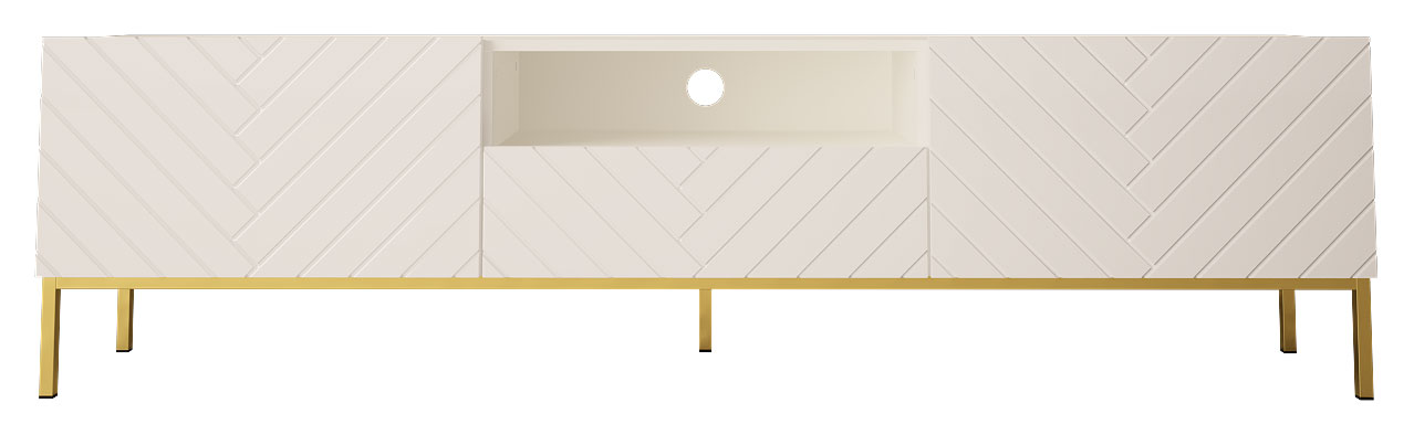 Szafka RTV Qudula 190 cm biały mat / biały połysk ze złotymi nogami jodełka - zdjęcie 1