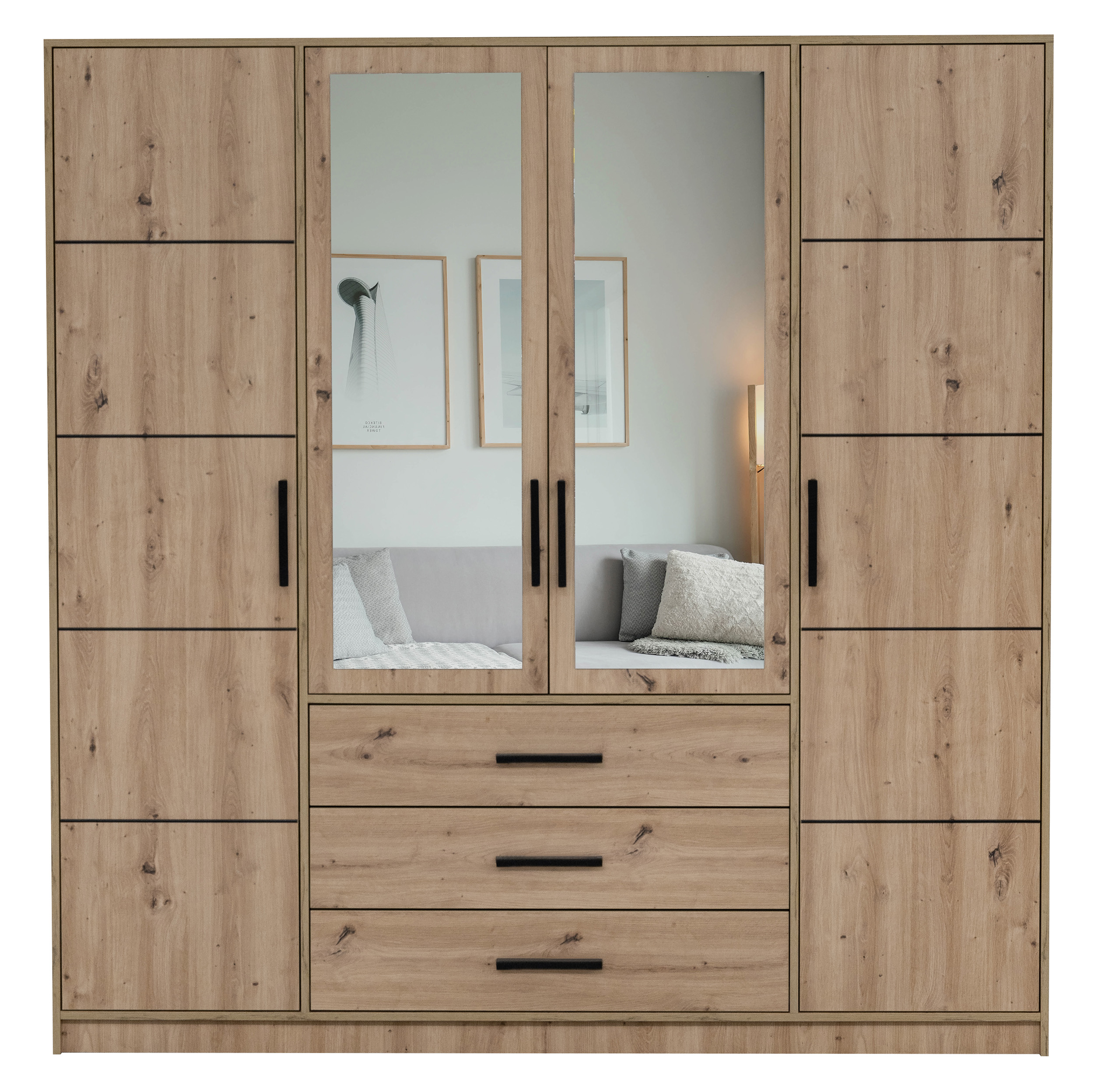 Szafa Laveno z lustrem i trzema szufladami 196 cm dąb artisan - zdjęcie 1