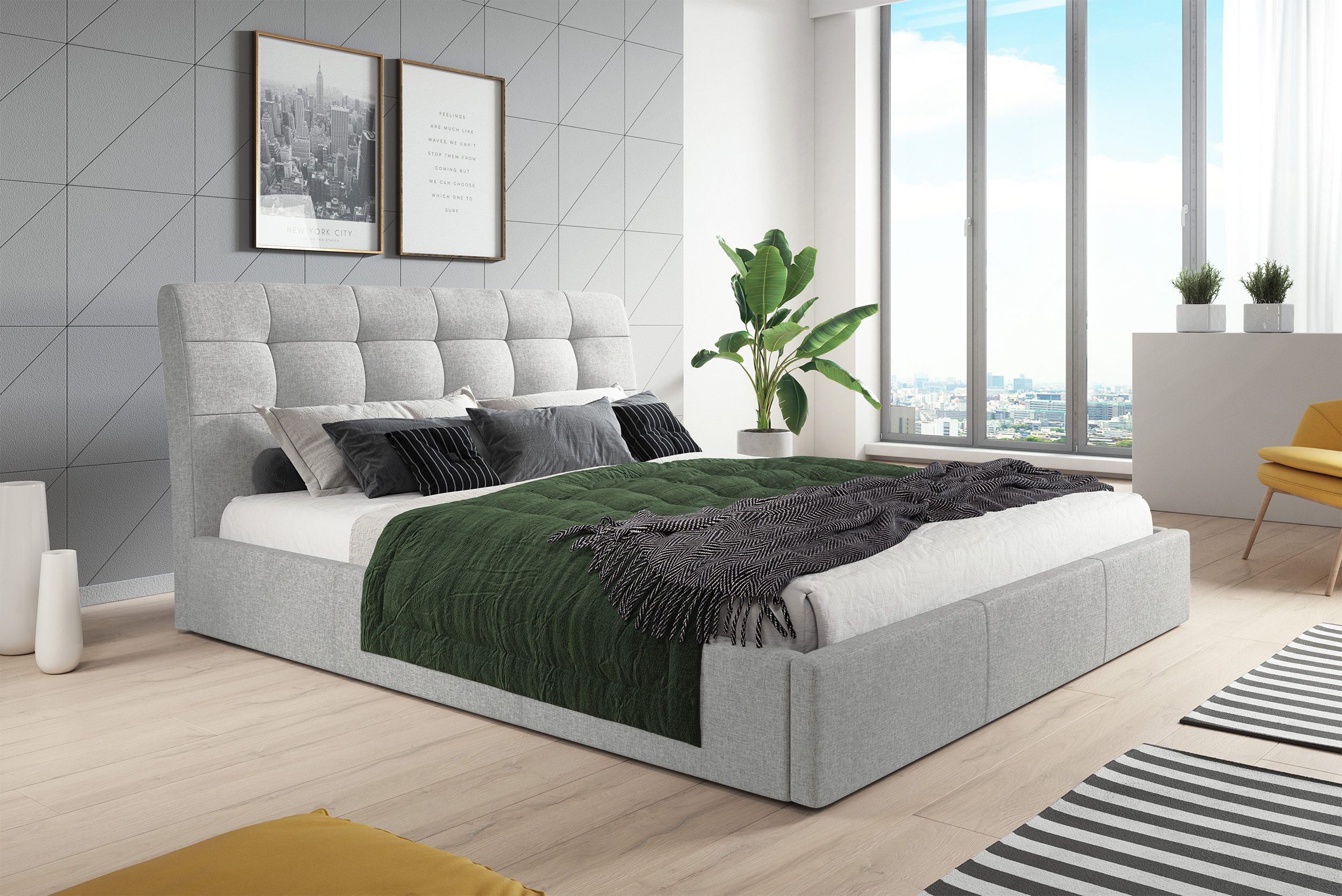 Łóżko tapicerowane 180x200 cm Alneo z pojemnikiem jasnoszare plecionka