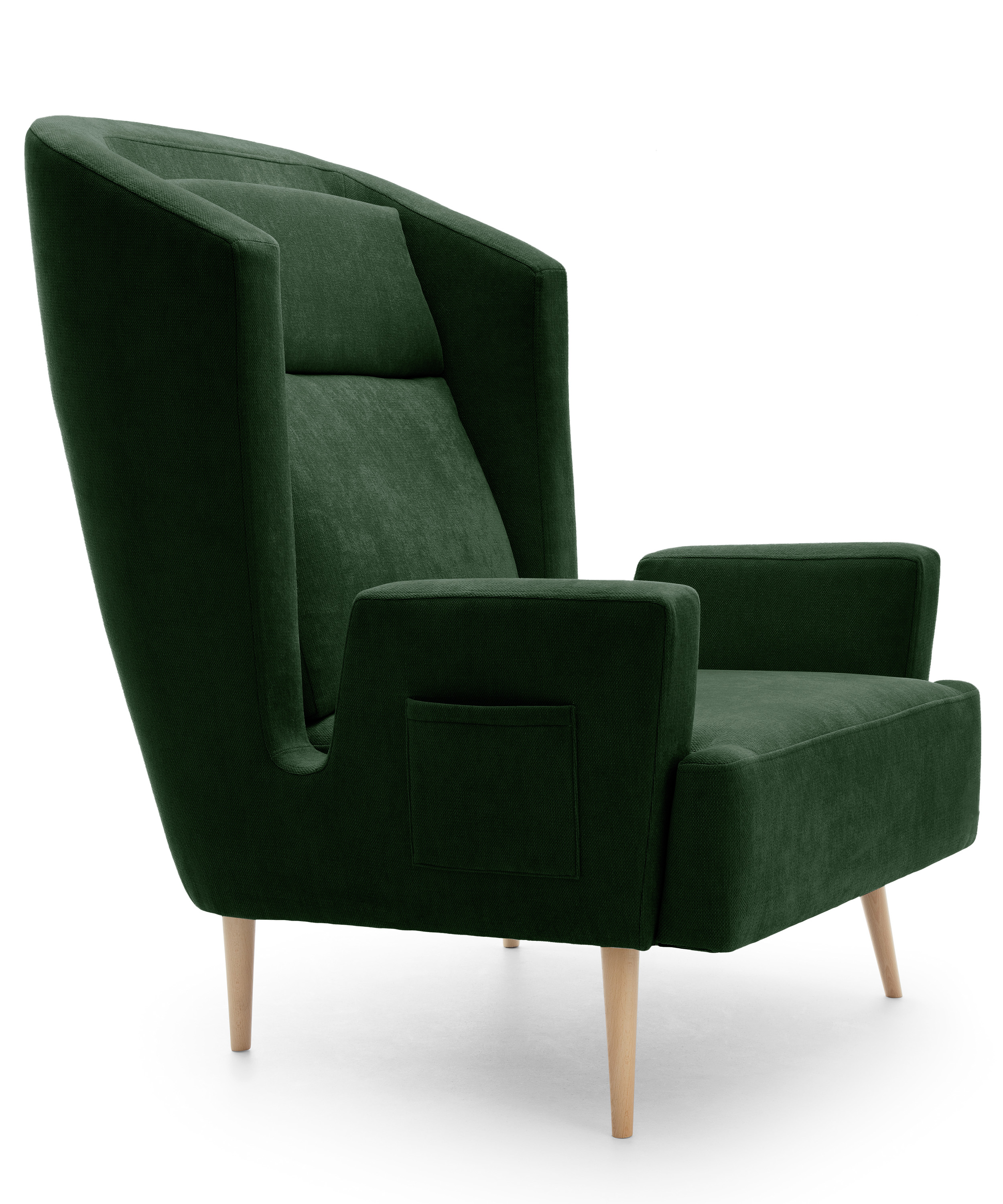 Fotel wypoczynkowy uszak Tegmine z gazetnikiem w podłokietniku butelkowa zieleń plecionka hydrofobowa - zdjęcie 1