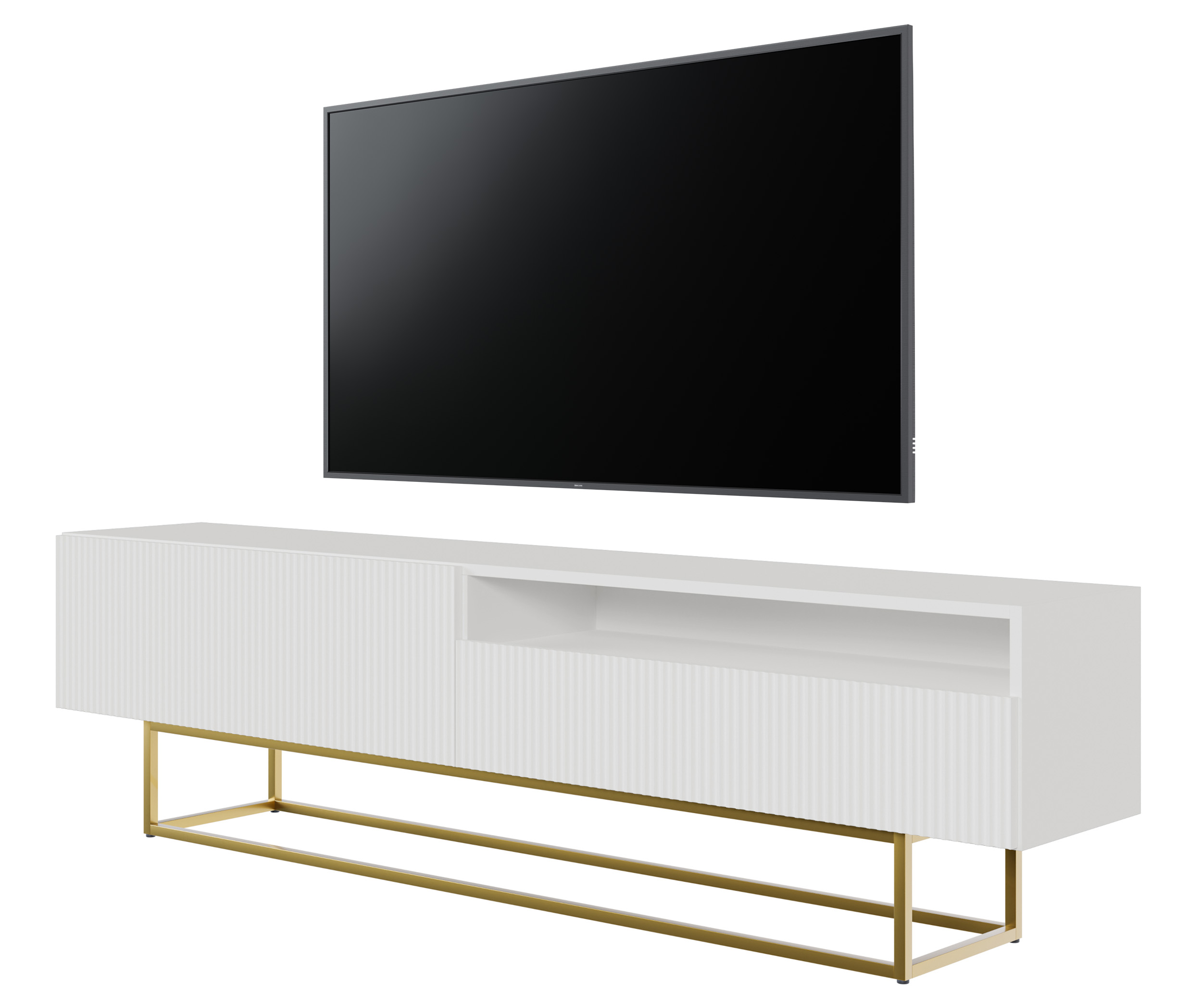 TV-Schrank Veldio mit einer Nische von 175 cm, weiß auf goldenen Beinen