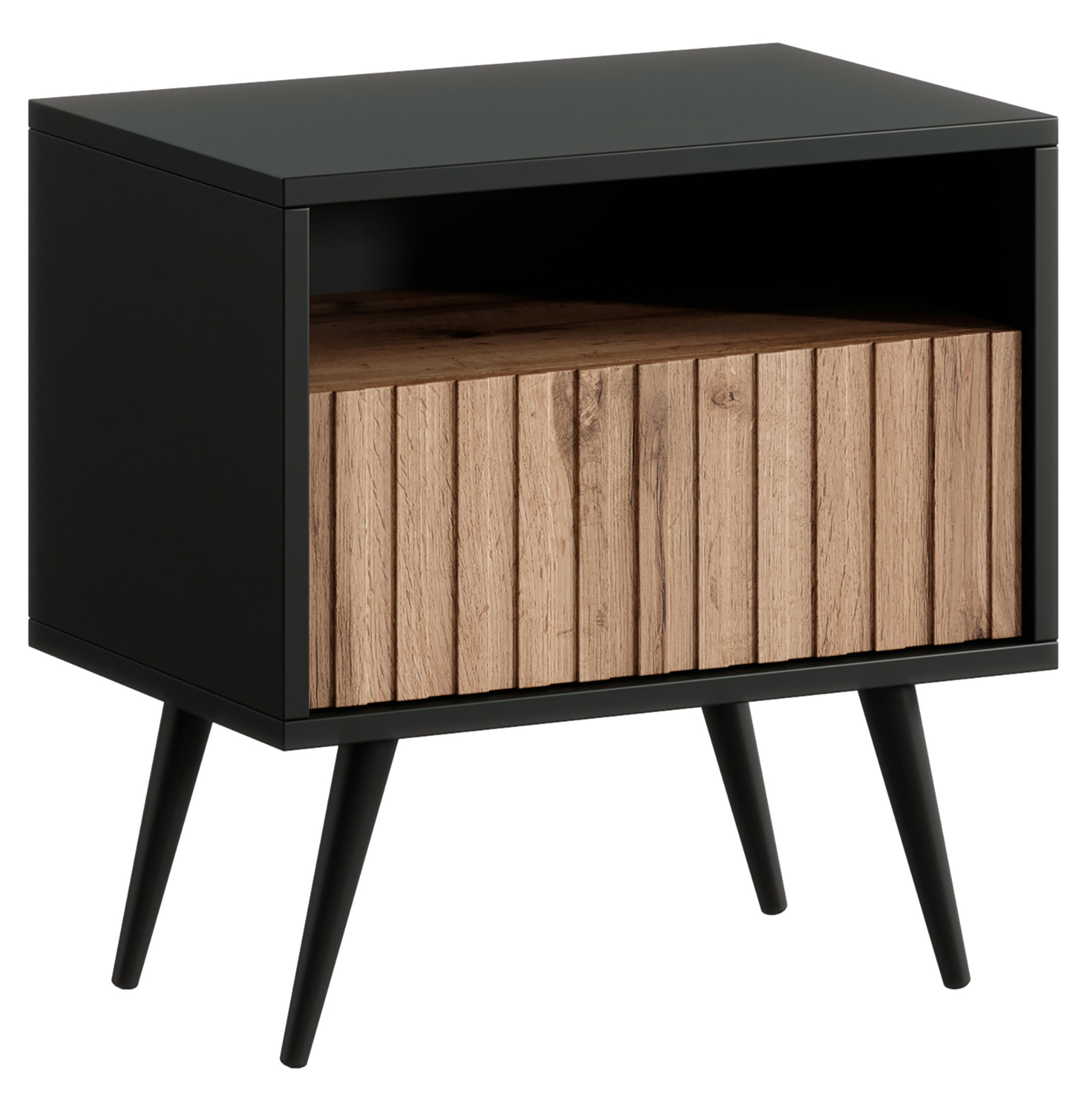 Table de chevet Bello avec un tiroir à façade à lamelles, noir / chêne wotan - zdjęcie 1
