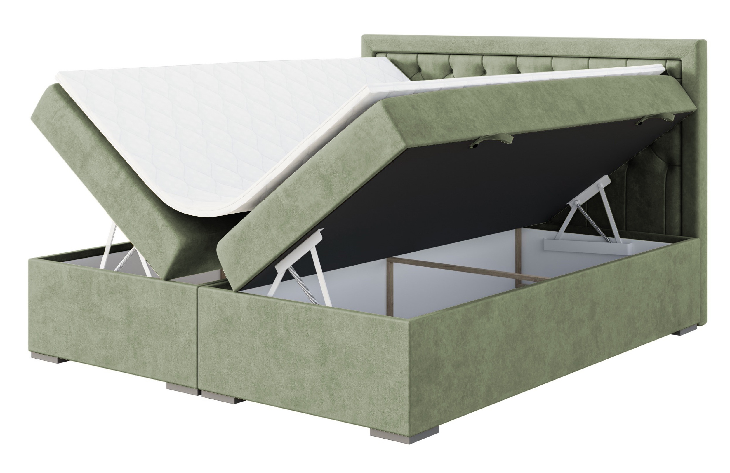 Łóżko kontynentalne 160x200 cm Periana z pojemnikami i topperem oliwkowe welur hydrofobowy