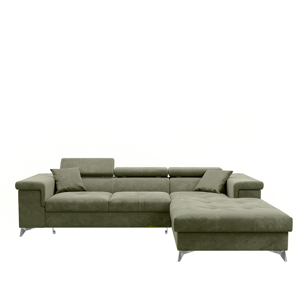 Narożnik z funkcją spania Mikkara L-kształtny z pojemnikiem oliwkowy w tkaninie hydrofobowej prawostronny - zdjęcie 1