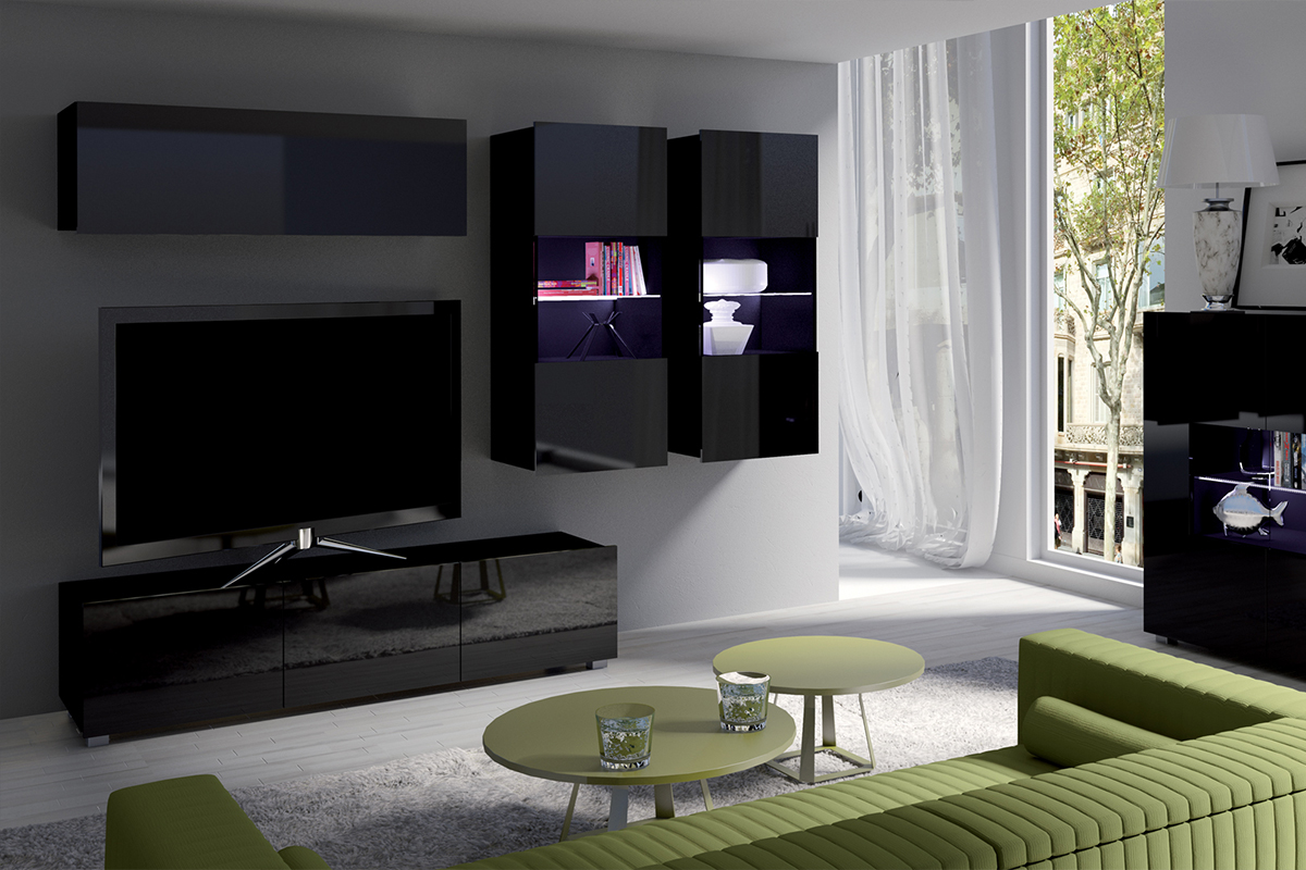 Meblościanka Kirdon z wiszącymi witrynami i półką Czarny mat / Czarny połysk - zdjęcie 3