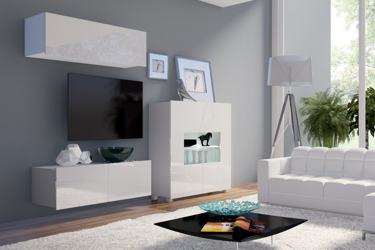 Meblościanka Kirdon z komodą i wiszącą półką Biały mat / Biały połysk - zdjęcie 3