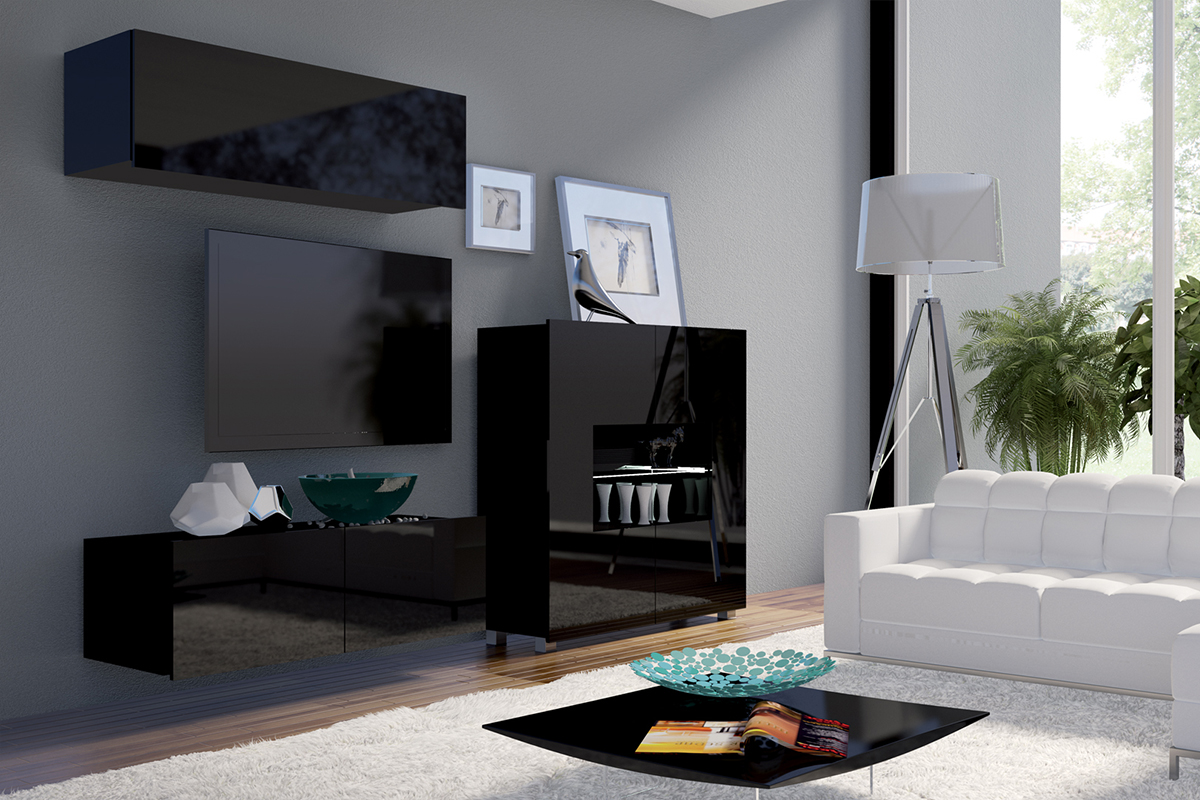 Meblościanka Kirdon z komodą i wiszącą półką Czarny mat / Czarny połysk  - zdjęcie 4