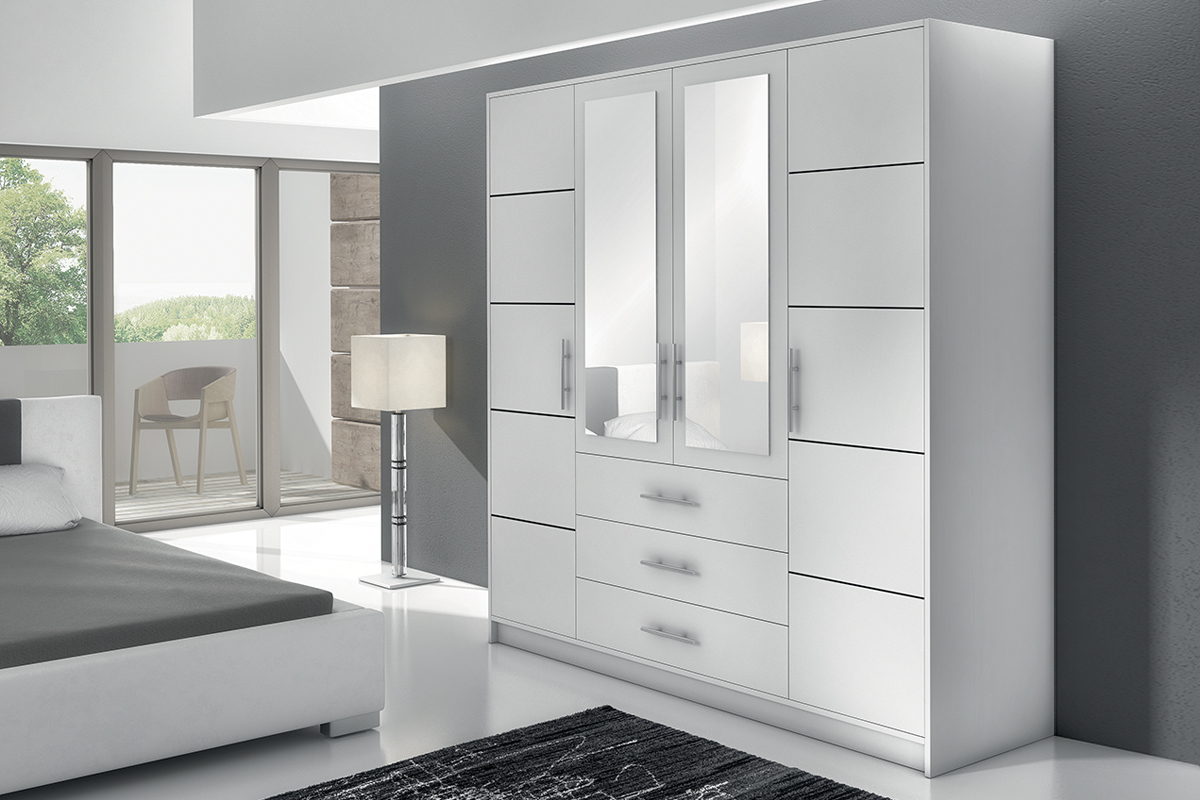 Szafa z lustrem Neptun 196x200x58 cm ze srebrnymi uchwytami Biały mat  - zdjęcie 3