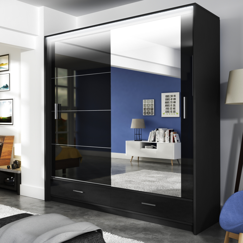 Szafa Fylde przesuwna z lustrem 208x225x61 cm Czarny mat / Czarny połysk - zdjęcie 5