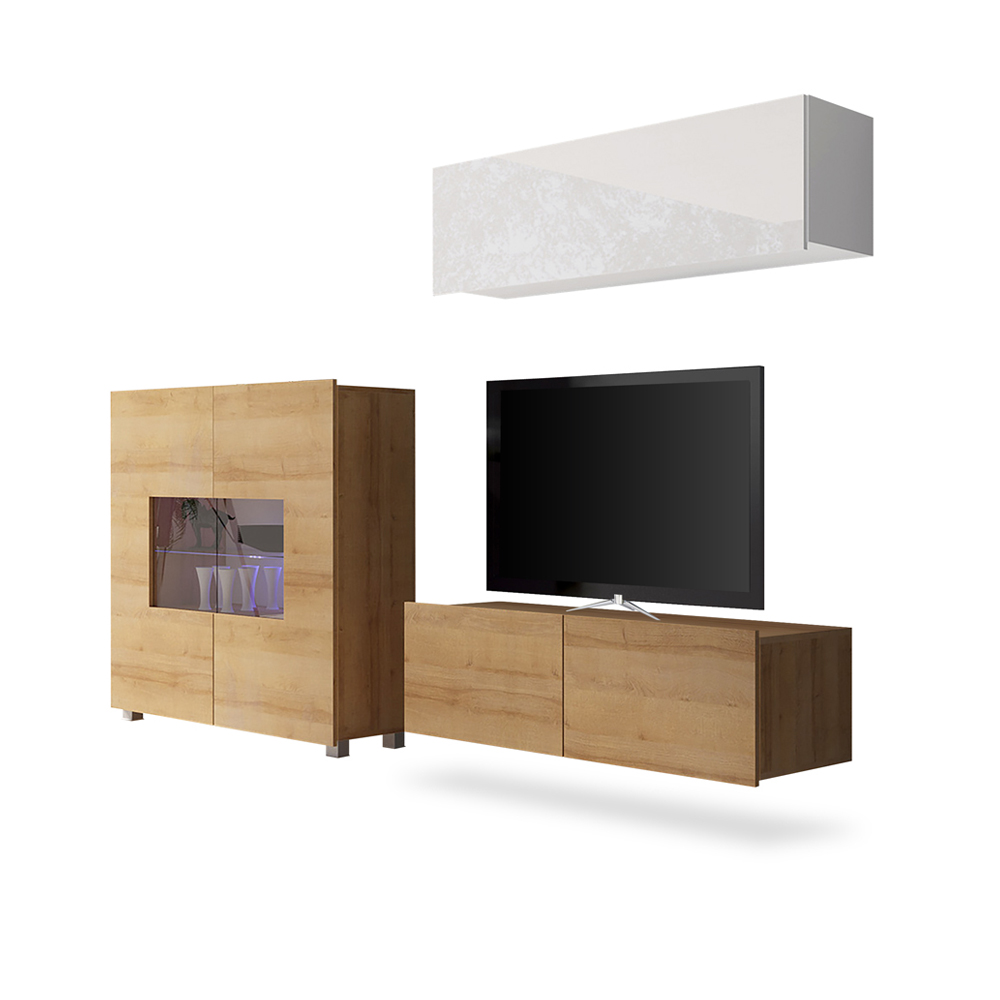 Meblościanka Kirdon z komodą i wiszącą półką Dąb złoty / Biały - zdjęcie 1