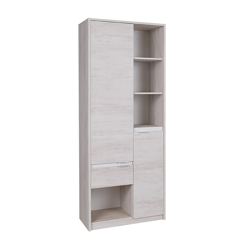 Regał Rikno dwudrzwiowy z szufladą Dąb biały / Biały połysk - zdjęcie 1