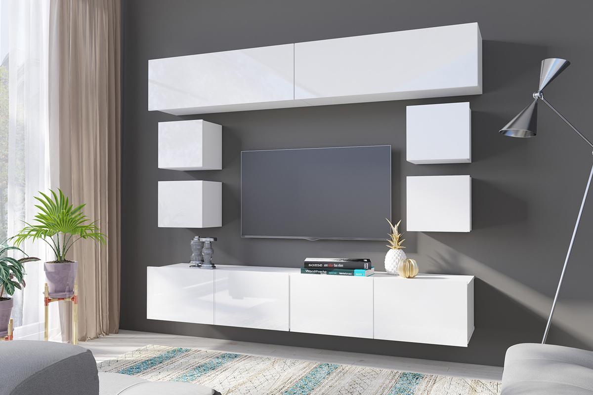 Meblościanka Kirdon z kubikami i wiszącymi zamkniętymi półkami Biały - zdjęcie 1