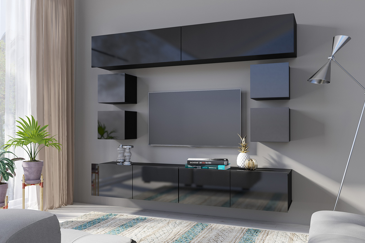 Meblościanka Kirdon z kubikami i wiszącymi zamkniętymi półkami Czarny - zdjęcie 2