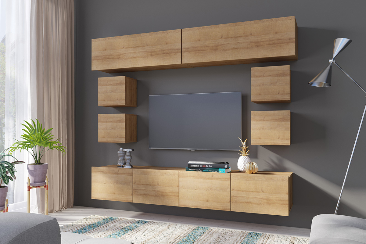 Meblościanka Kirdon z kubikami i wiszącymi zamkniętymi półkami Dąb złoty - zdjęcie 3