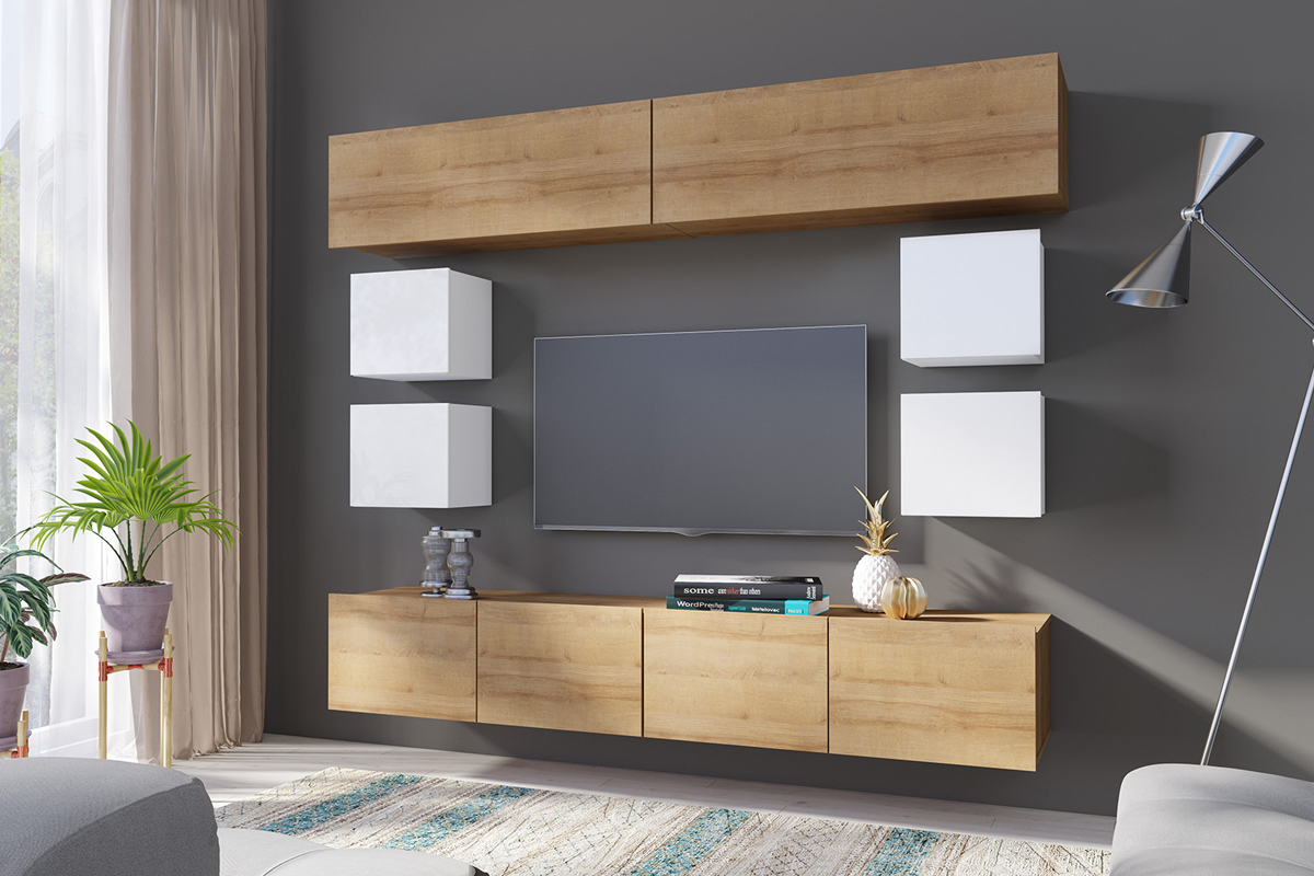 Meblościanka Kirdon z kubikami i wiszącymi zamkniętymi półkami Dąb złoty / Biały - zdjęcie 5