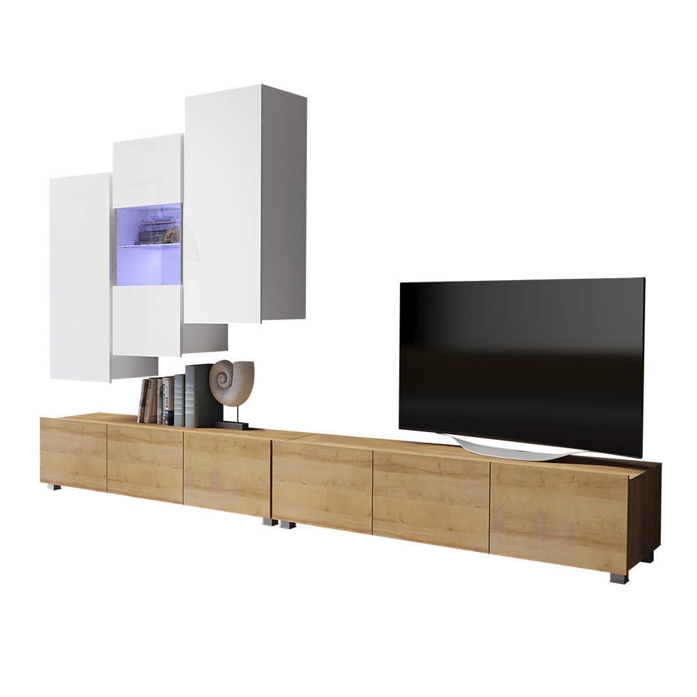 Meblościanka Kirdon z wiszącymi szafkami pionowymi i witryną - zdjęcie 1