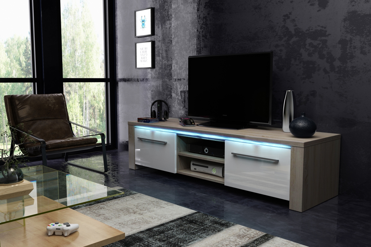 Szafka RTV Messa Dąb sonoma jasny / Biały połysk  - zdjęcie 4