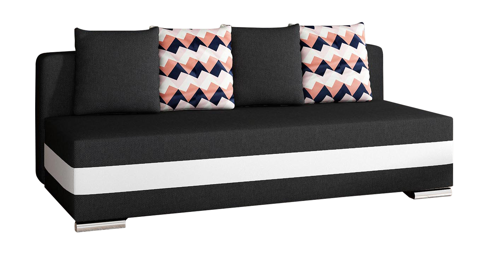 Kanapa rozkładana dwuosobowa Louredo z pojemnikiem czarna / kremowa plecionka / ekoskóra z poduszkami z geometrycznym motywem - zdjęcie 1