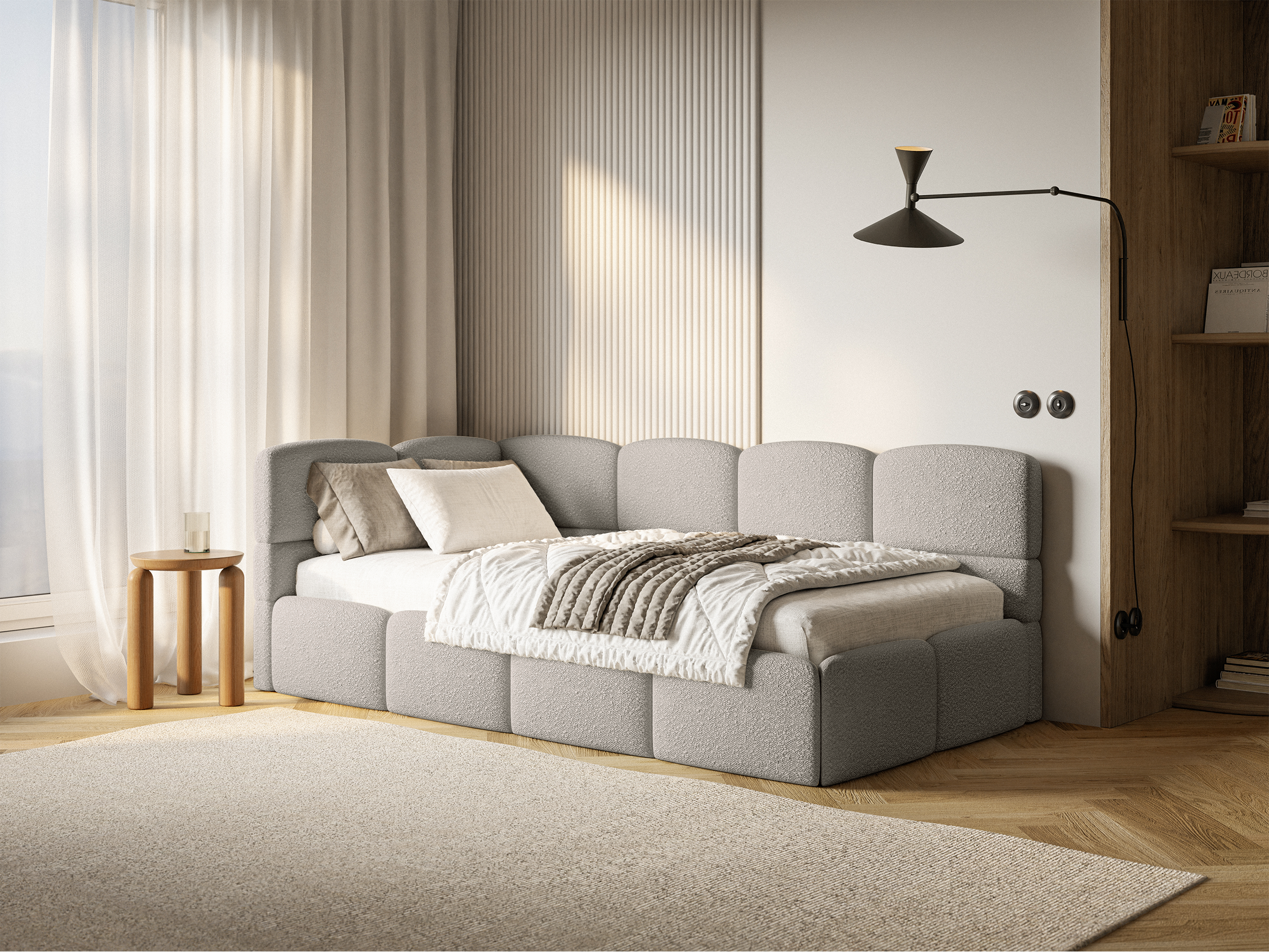 Łóżko młodzieżowe 90x200 cm Cloudy lewostronne z pojemnikiem szarobeżowe boucle