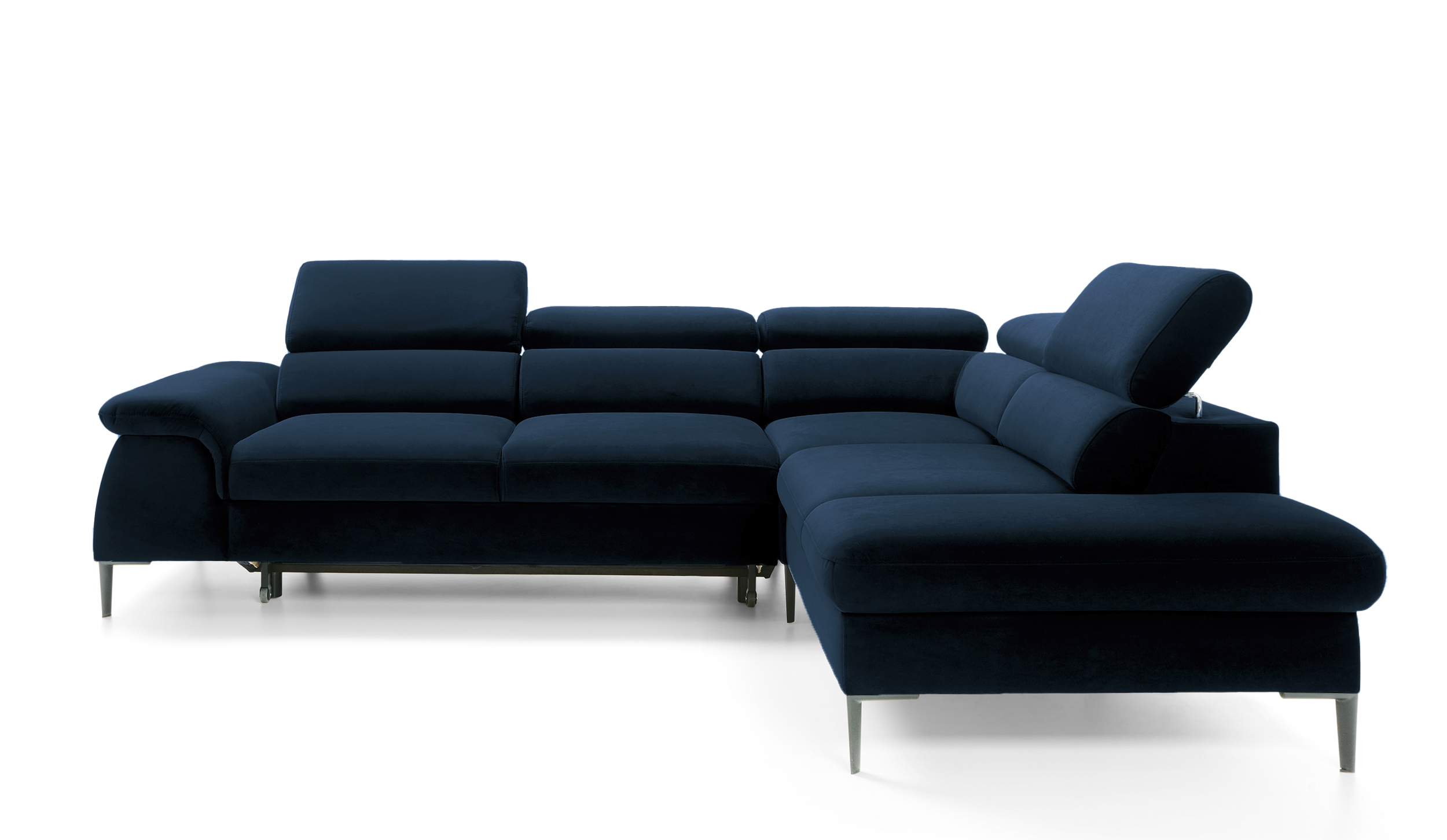 Narożnik z funkcją spania Naverro L-kształtny z pojemnikiem granatowy velvet hydrofobowy prawostronny