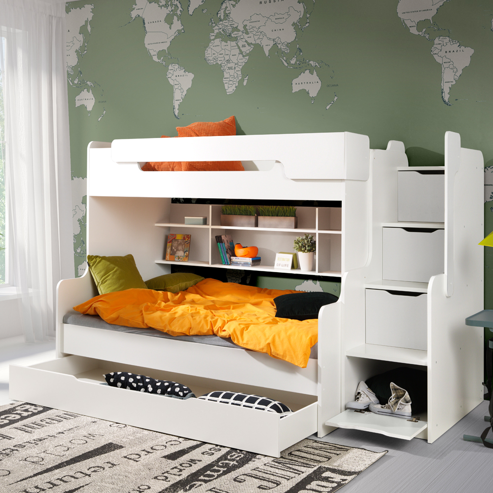 Łóżko piętrowe z dwoma posłaniami Ferreros z szufladą i schowkami białe  - zdjęcie 2