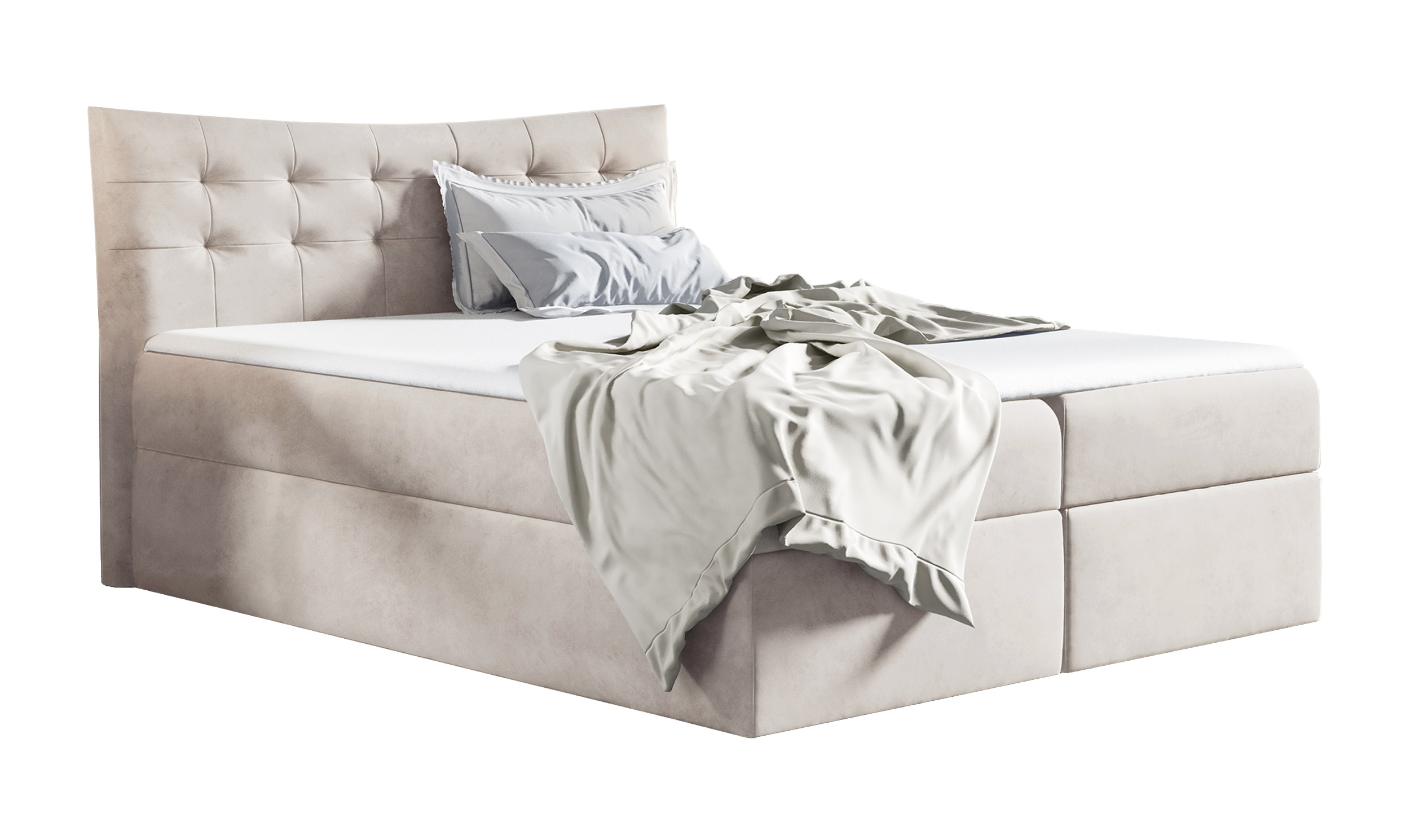 Łóżko kontynentalne Ramblano 160x200 z dwoma pojemnikami, materacem i topperem szarobeżowe hydrofobowe - zdjęcie 1