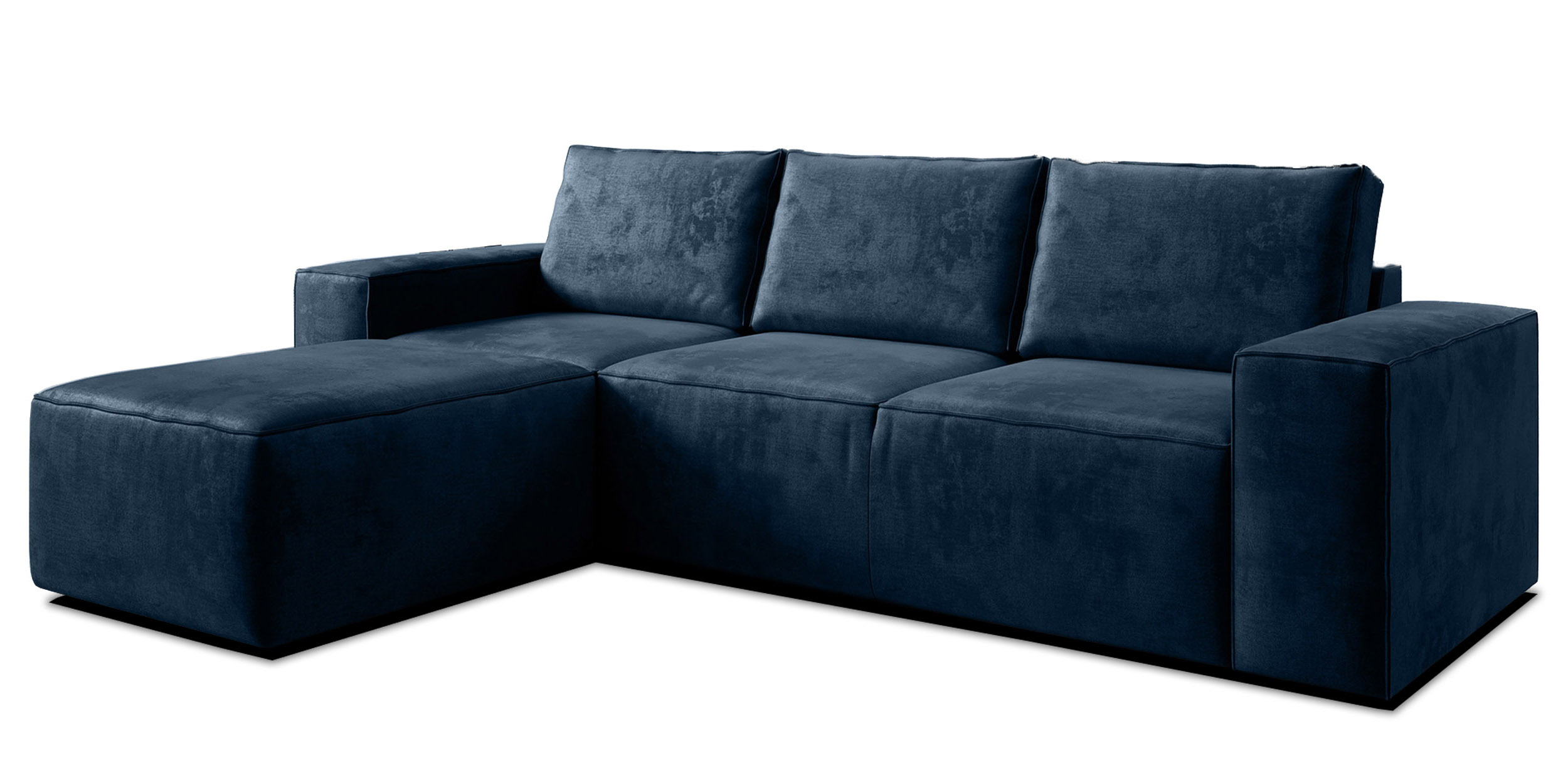 Narożnik z funkcją spania Munano L-kształtny z pojemnikiem granatowy w tkaninie hydrofobowej lewostronny