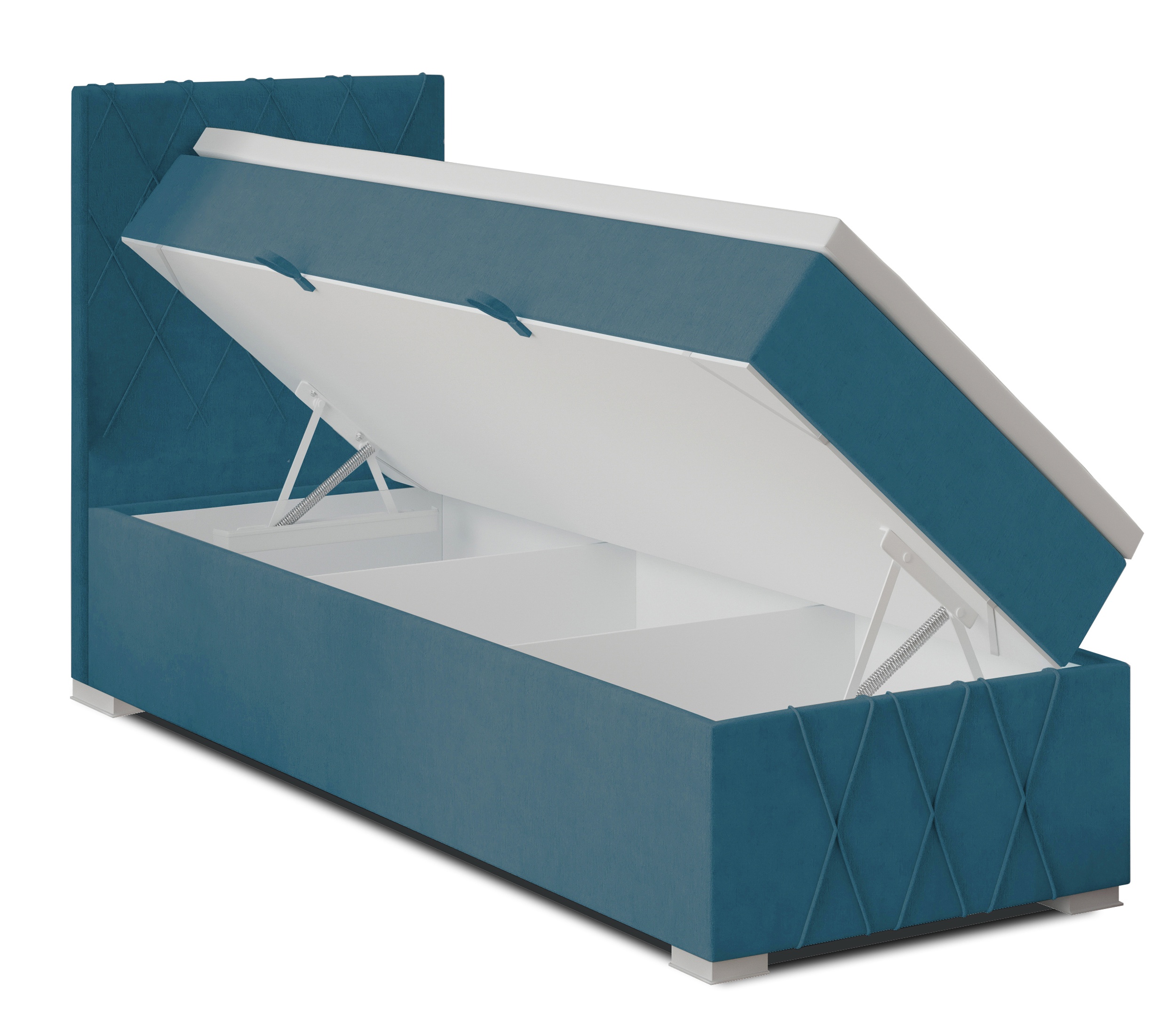 Łóżko kontynentalne 90x200 cm Segarati z pojemnikiem i topperem niebieskie welur hydrofobowy lewostronne