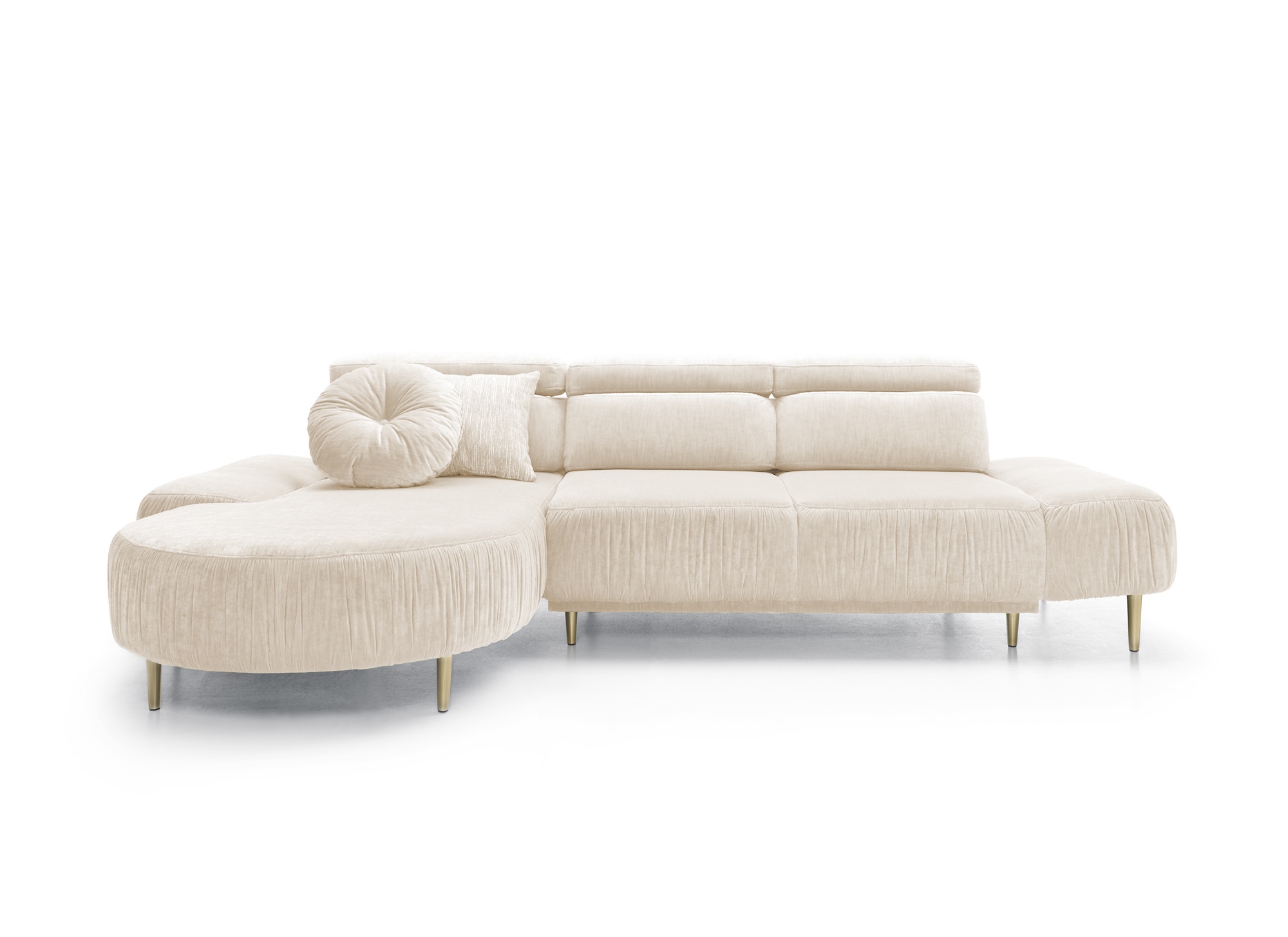 Narożnik z funkcją spania Portaris L-kształtny z elektrycznie wysuwanym siedziskiem i regulowanym zagłówkiem beżowy velvet łatwoczyszczący lewostronny - zdjęcie 1