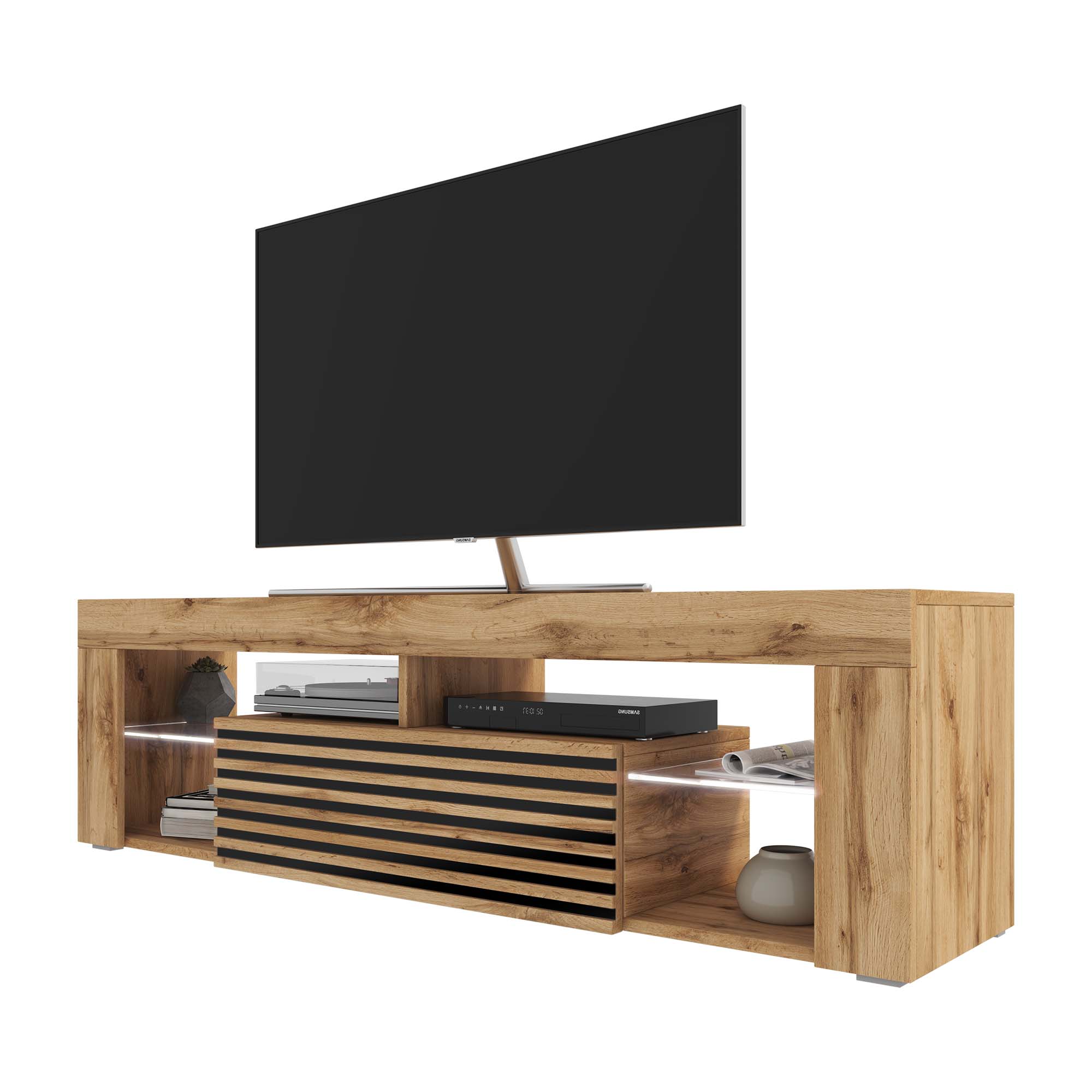 Szafka RTV Bianko 140 cm wisząca front 3D Dąb wotan z czarnymi lamelami