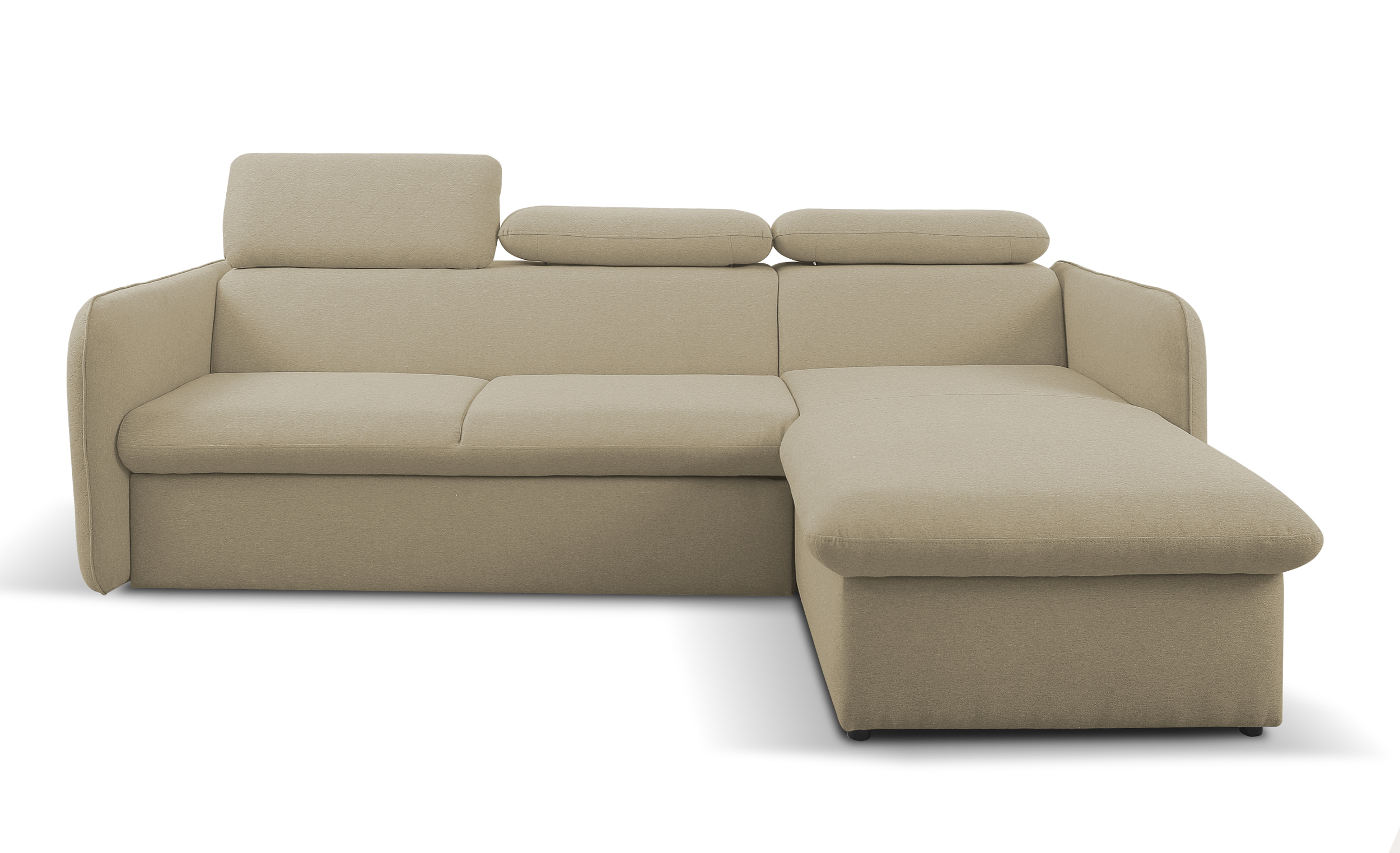 Narożnik z funkcją spania Paladia beżowy z pojemnikiem w tkaninie łatwoczyszczącej welur nogi czarne prawostronny