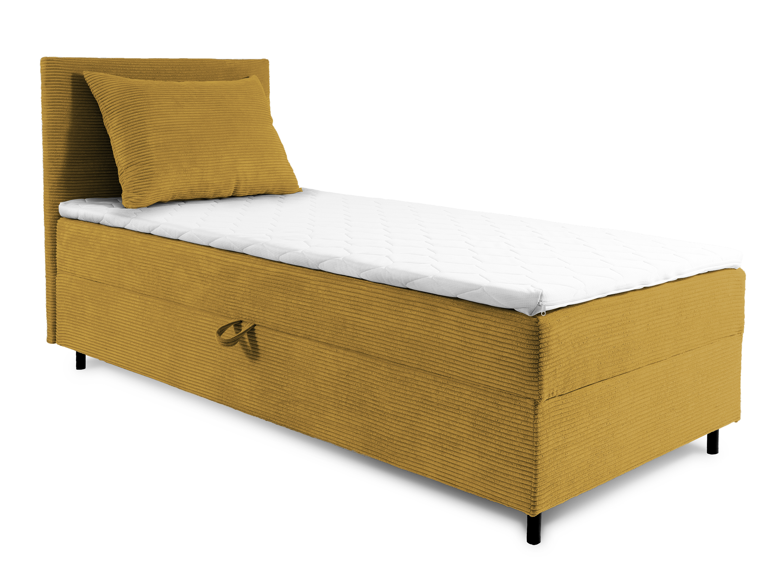 Łóżko kontynentalne jednosobowe Montigo Mini 90x200 cm z pojemnikiem, topperem i poduszką musztardowe sztruks nogi czarne lewostronne - zdjęcie 1