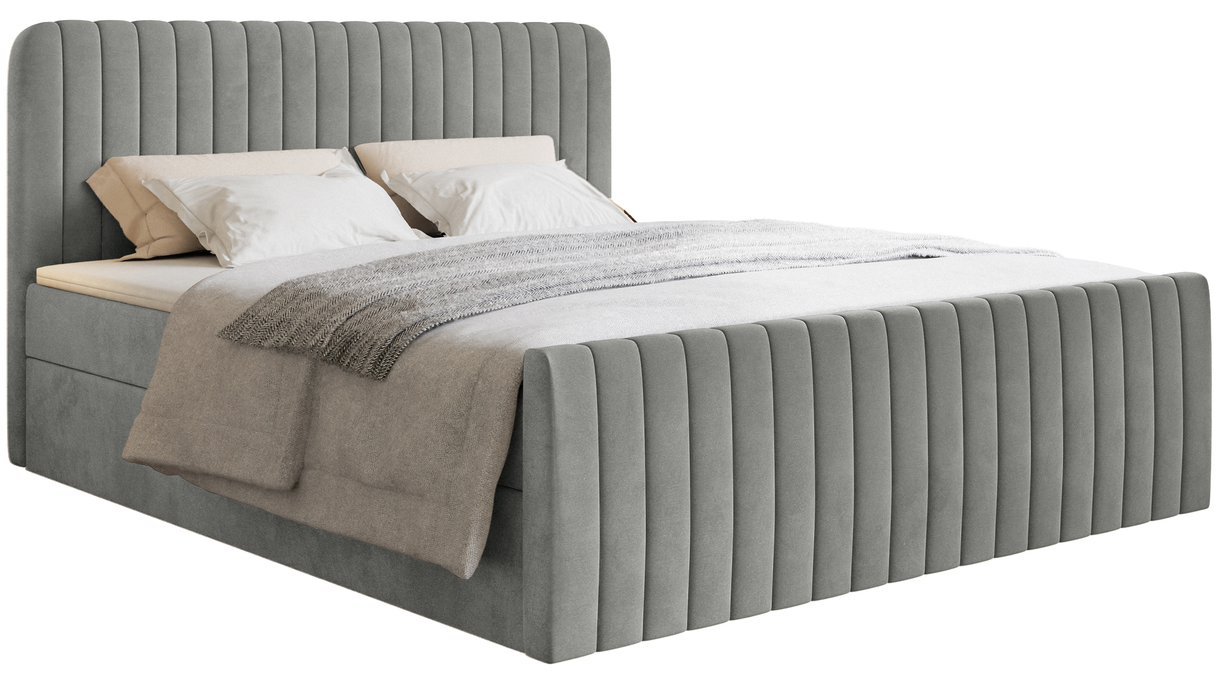 Łóżko kontynentalne 140x200 cm Saliano z pojemnikami i topperem szare welur