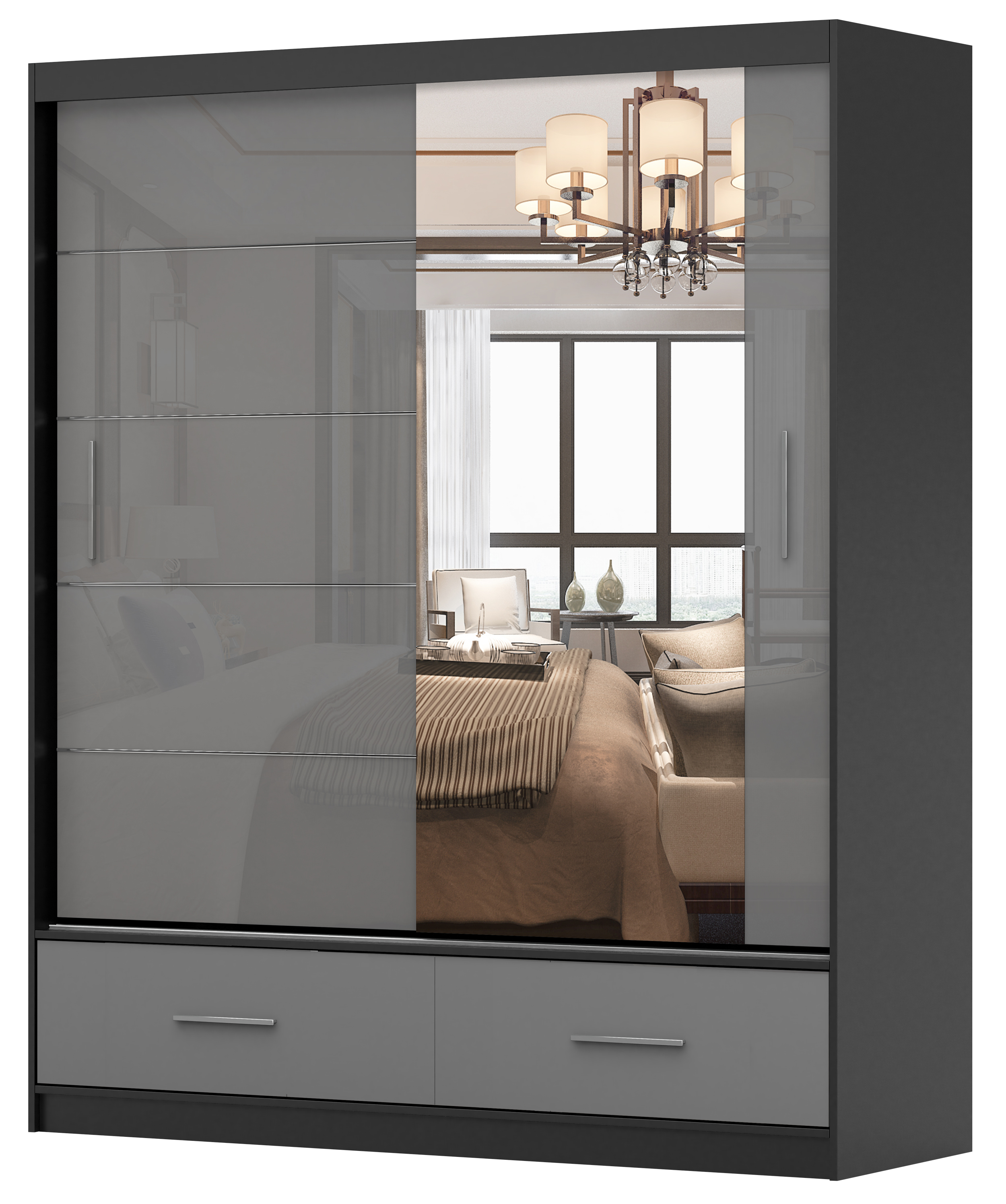 Szafa przesuwna Follrina 150 cm z lustrem czarna/szary połysk - zdjęcie 1