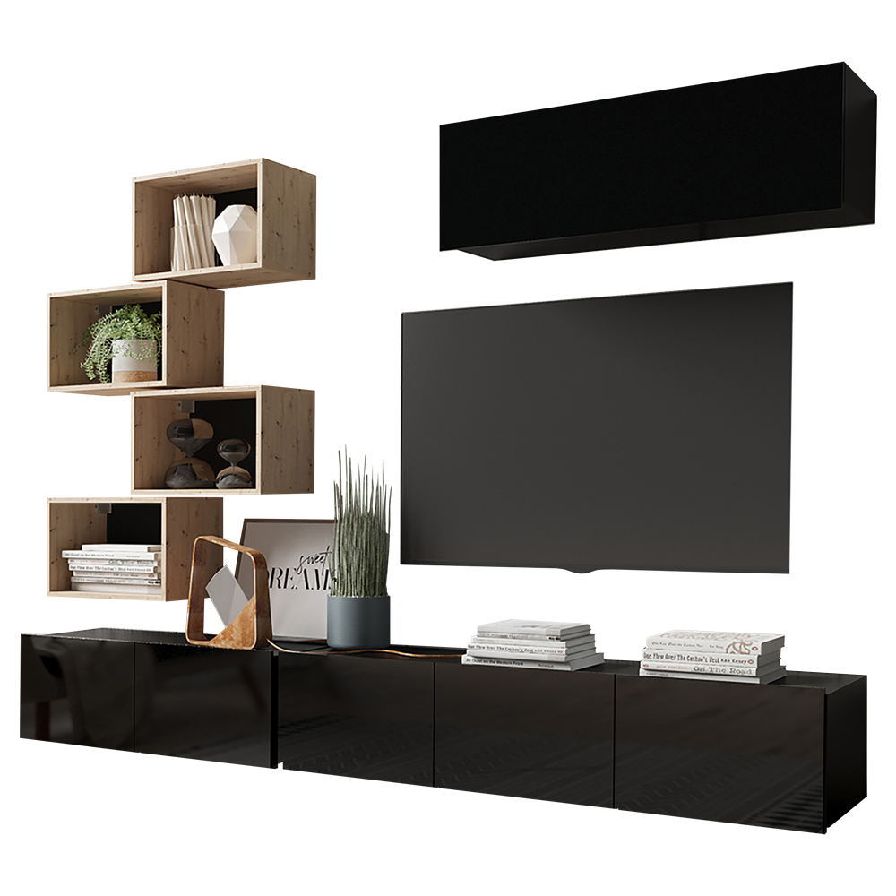 Meblościanka Kirdon z czterema otwartymi półkami oraz jedną zamykaną Czarny / Dąb artisan  - zdjęcie 1