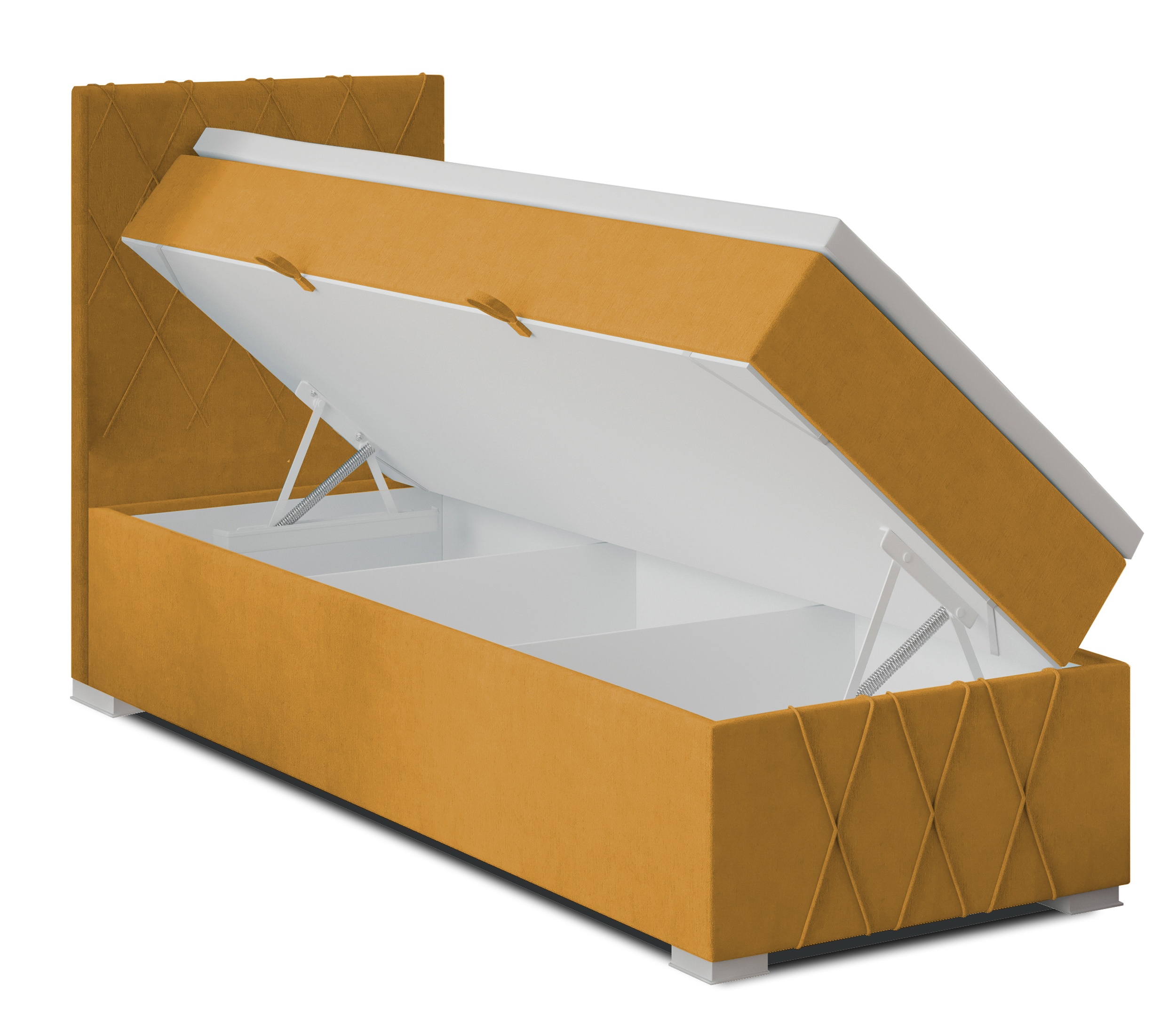 Łóżko kontynentalne 90x200 cm Segarati z pojemnikiem i topperem ciemnomusztardowe welur hydrofobowy lewostronne