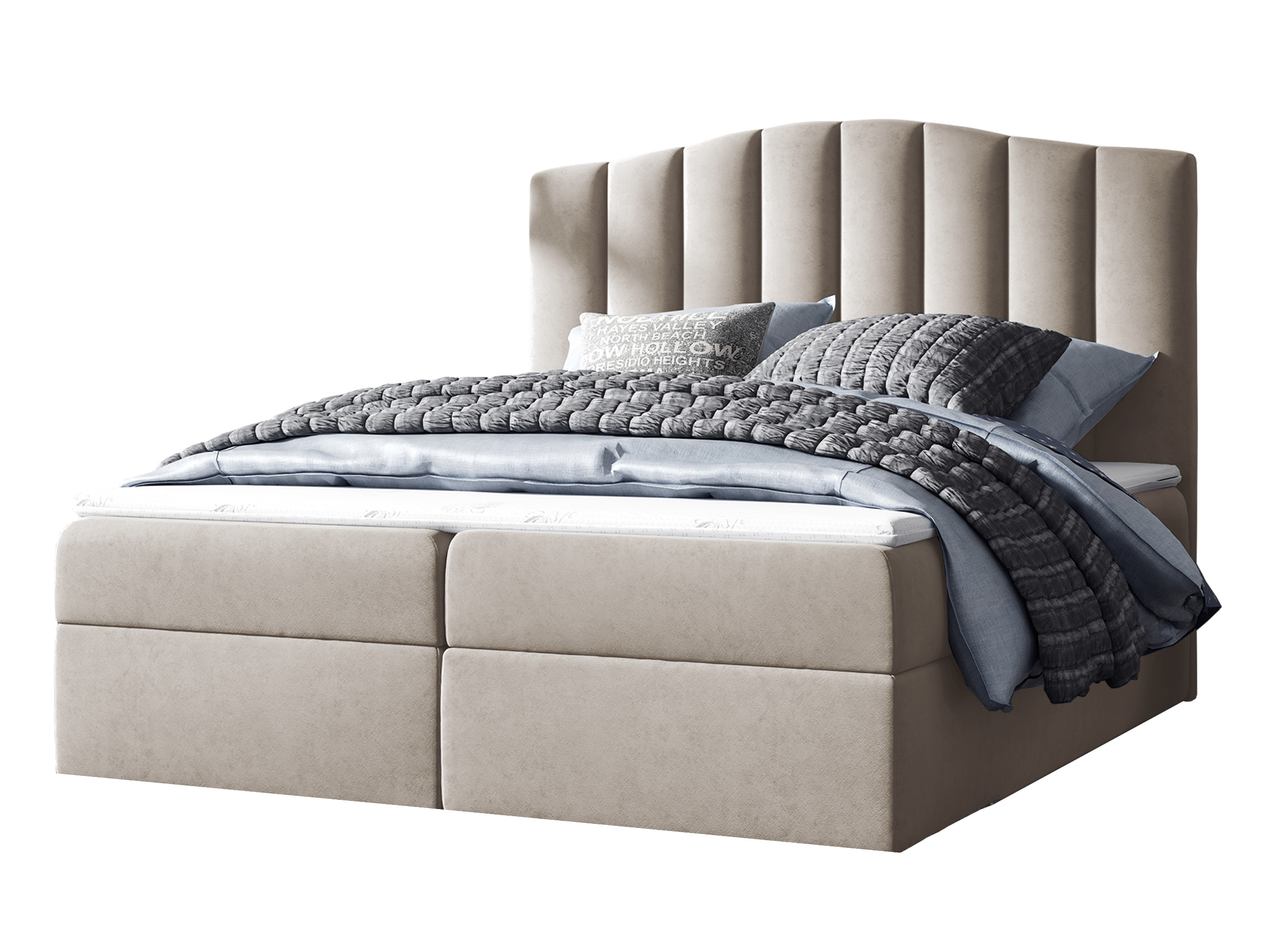 Łóżko kontynentalne Alcudia 140x200 z dwoma pojemnikami, materacem i topperem szarobeżowe hydrofobowe - zdjęcie 1