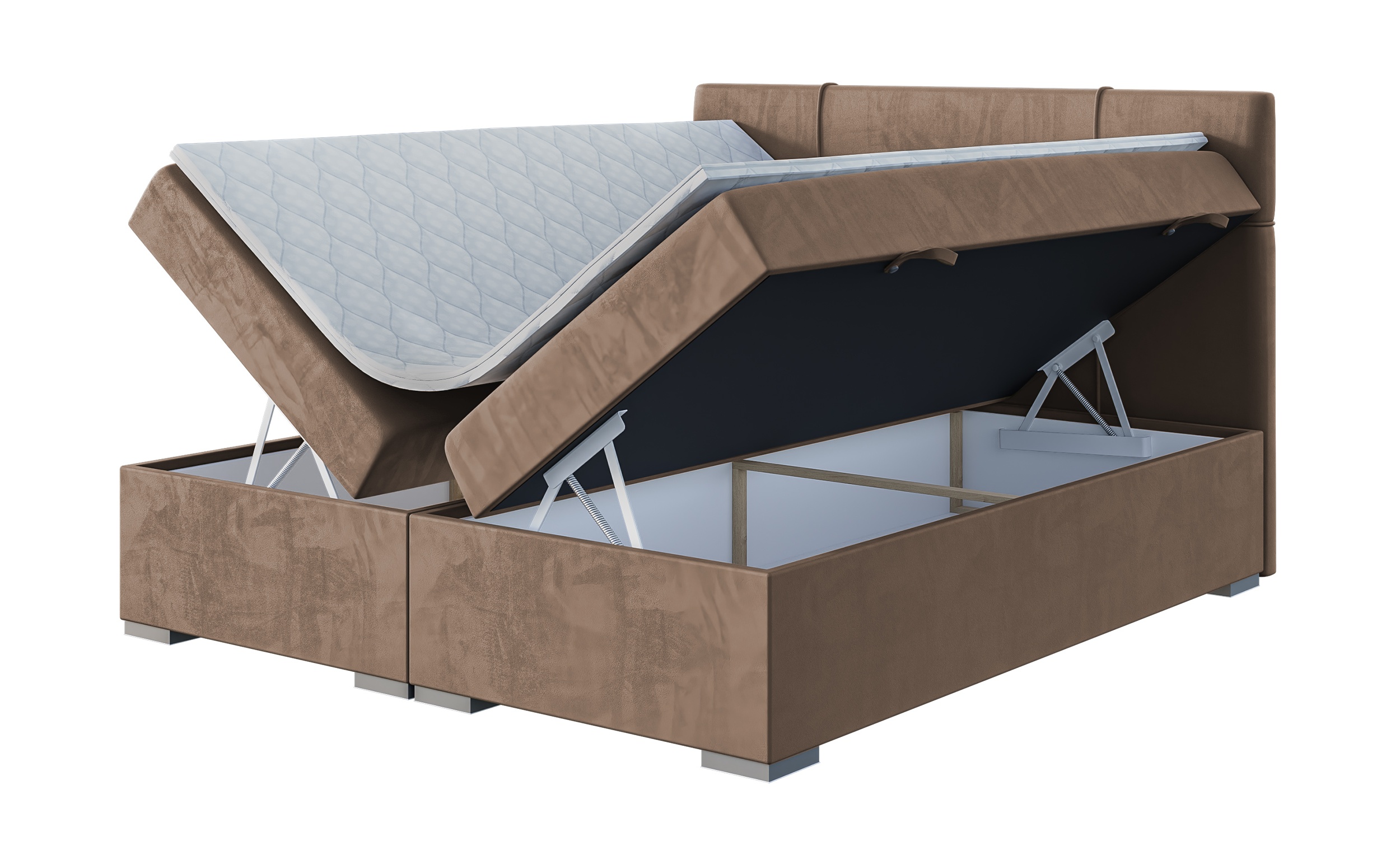 Łóżko kontynentalne 180x200 cm Agnone z pojemnikami i topperem jasnobrązowe welur hydrofobowy