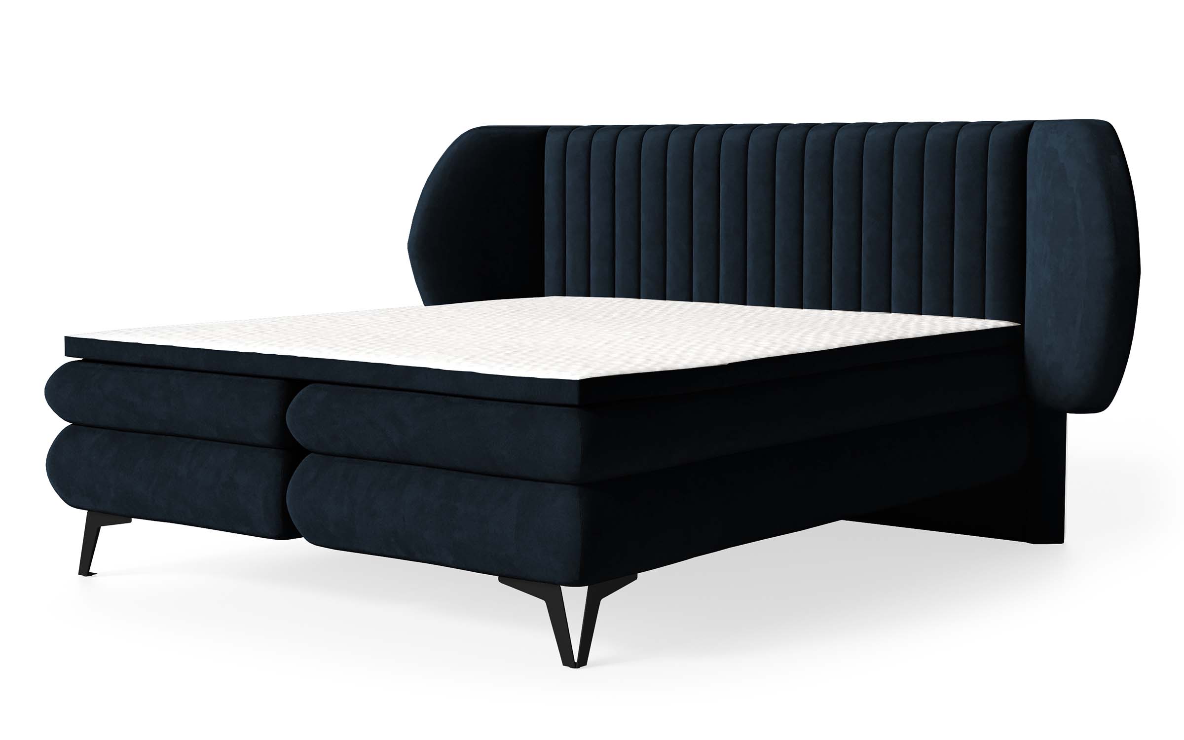 Łóżko kontynentalne 180x200 cm Cermone z pojemnikami i topperem pionowe przeszycia na wezgłowiu granatowe - zdjęcie 1