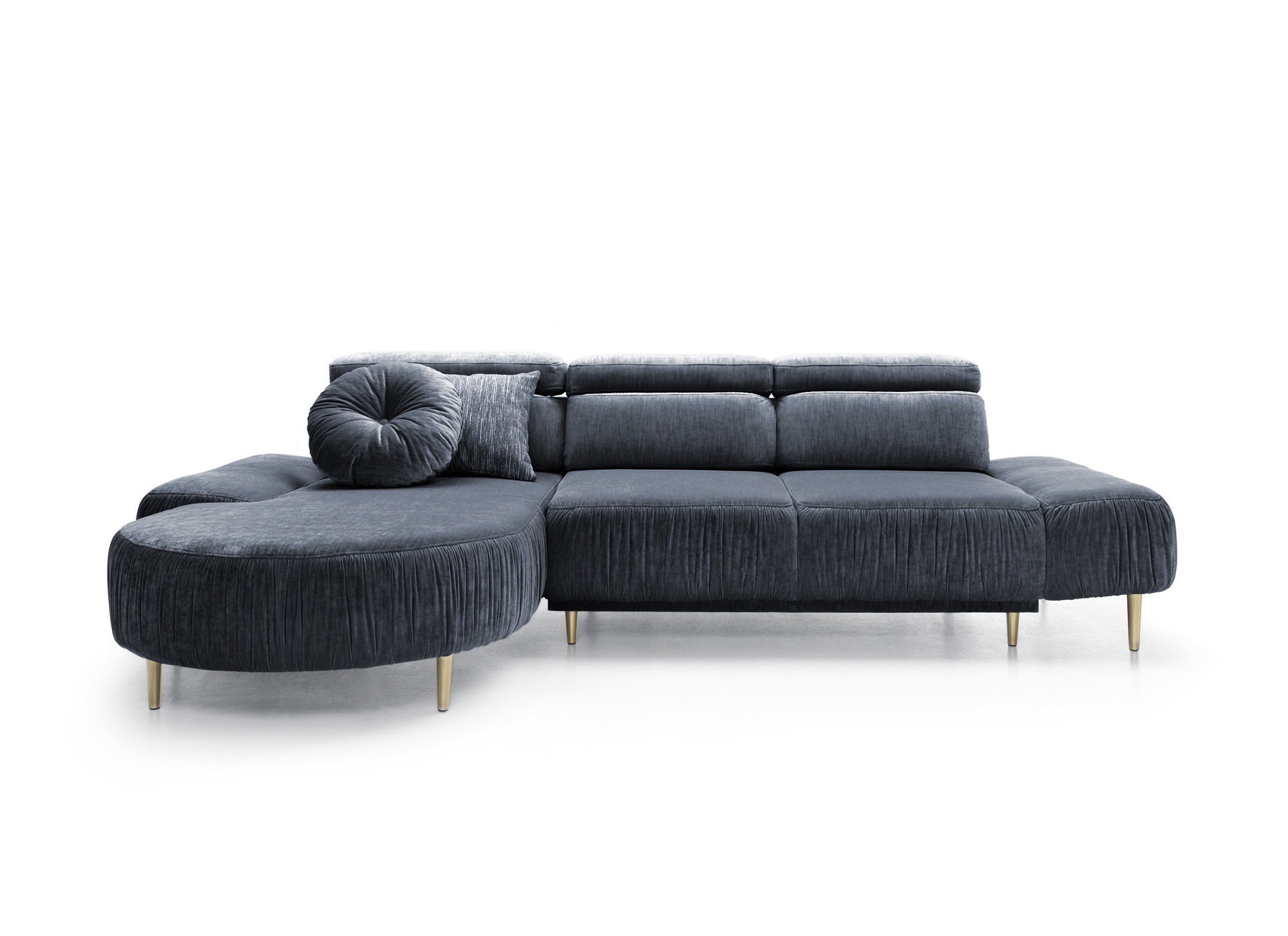 Narożnik z funkcją spania Portaris L-kształtny z elektrycznie wysuwanym siedziskiem i regulowanym zagłówkiem granatowy velvet łatwoczyszczący lewostronny - zdjęcie 1