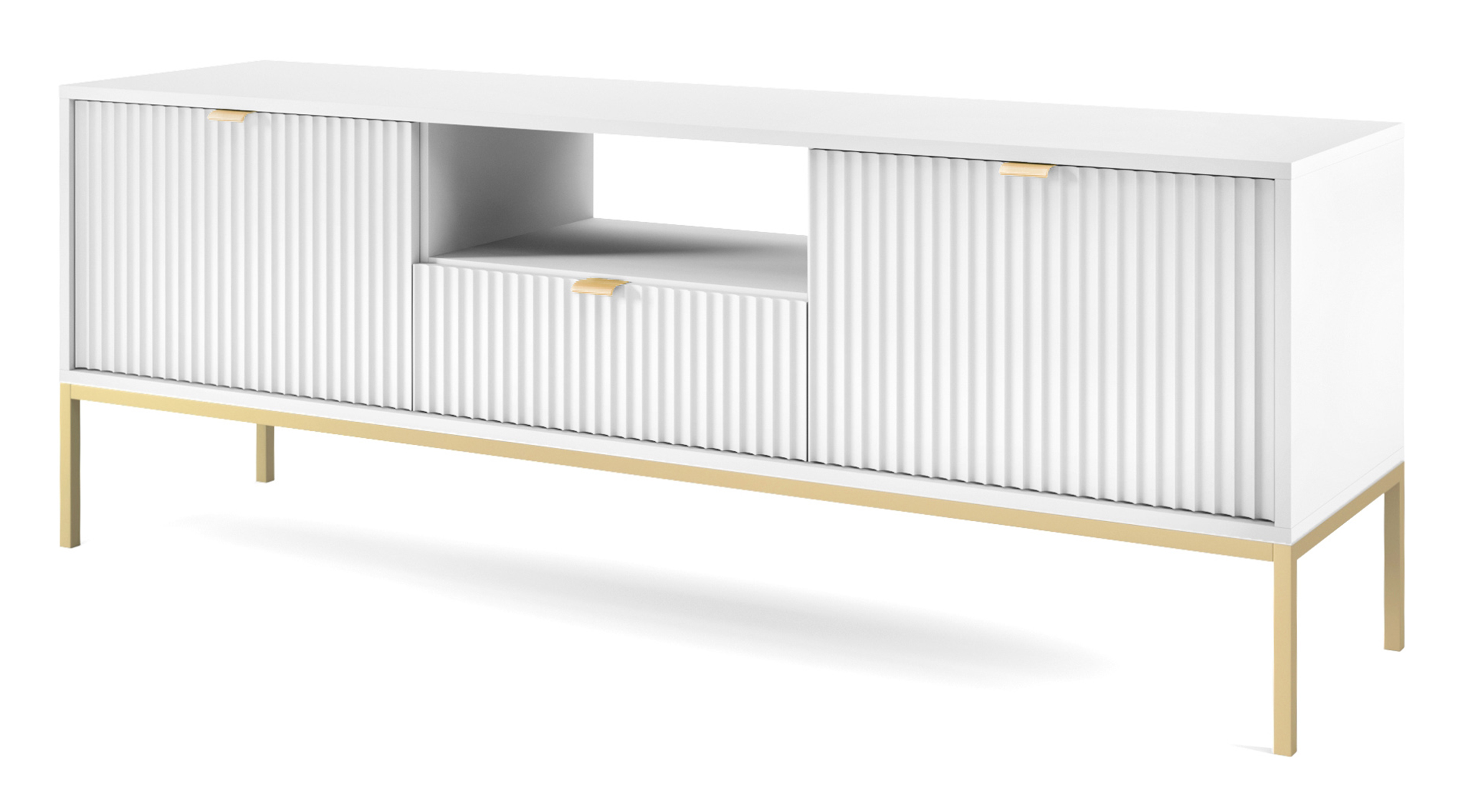Szafka RTV Vellore 154 cm biała z ryflowanymi frontami i złotym stelażem - zdjęcie 1