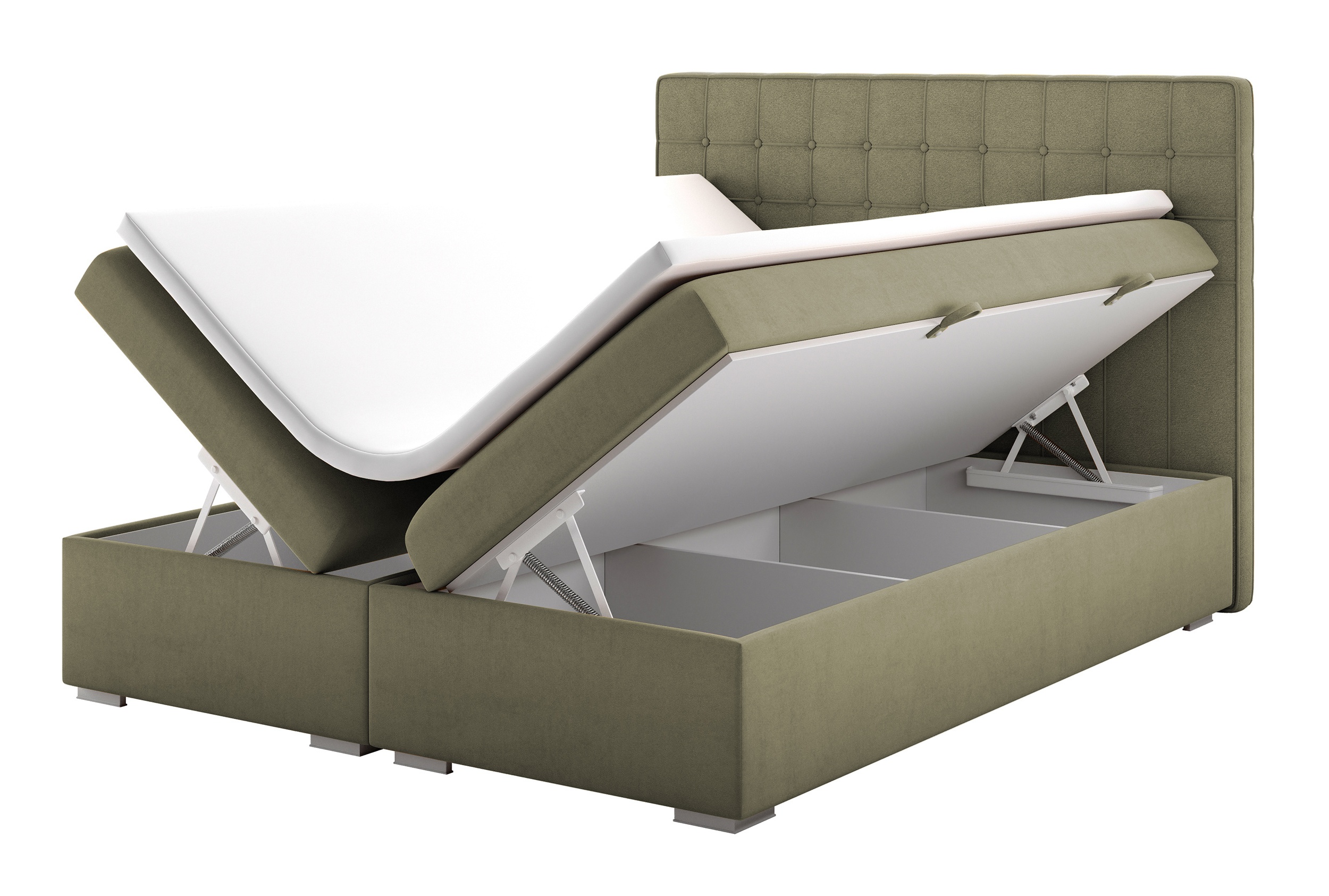 Łóżko kontynentalne 160x200 cm Ketlin z pojemnikami i topperem oliwkowe welur hydrofobowy - zdjęcie 1
