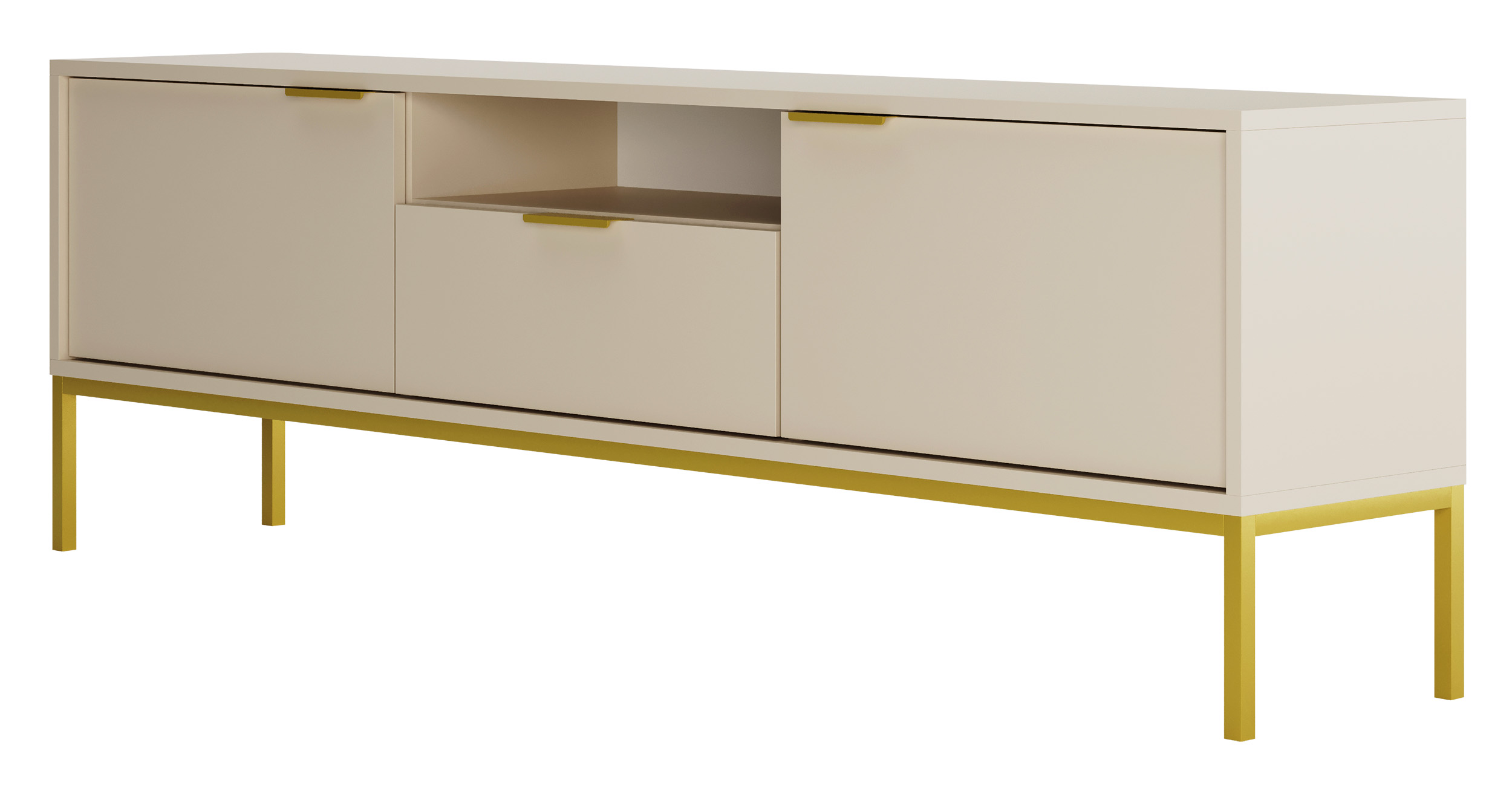 Szafka RTV dwudrzwiowa Diargo 175 cm z szufladą i wnęką szarobeżowa na złotym stelażu - zdjęcie 1