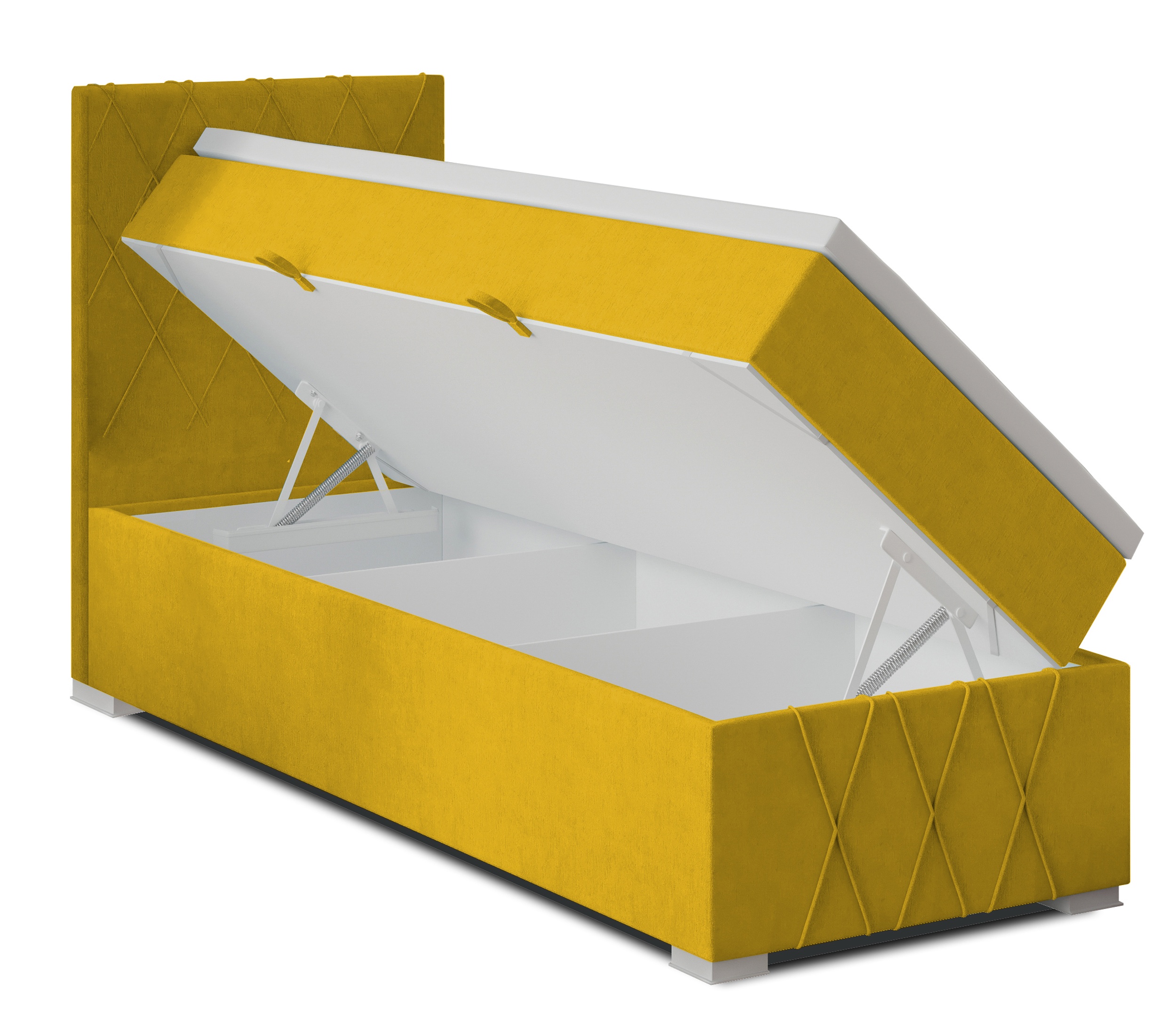 Łóżko kontynentalne 90x200 cm Segarati z pojemnikiem i topperem jasnomusztardowe welur hydrofobowy lewostronne