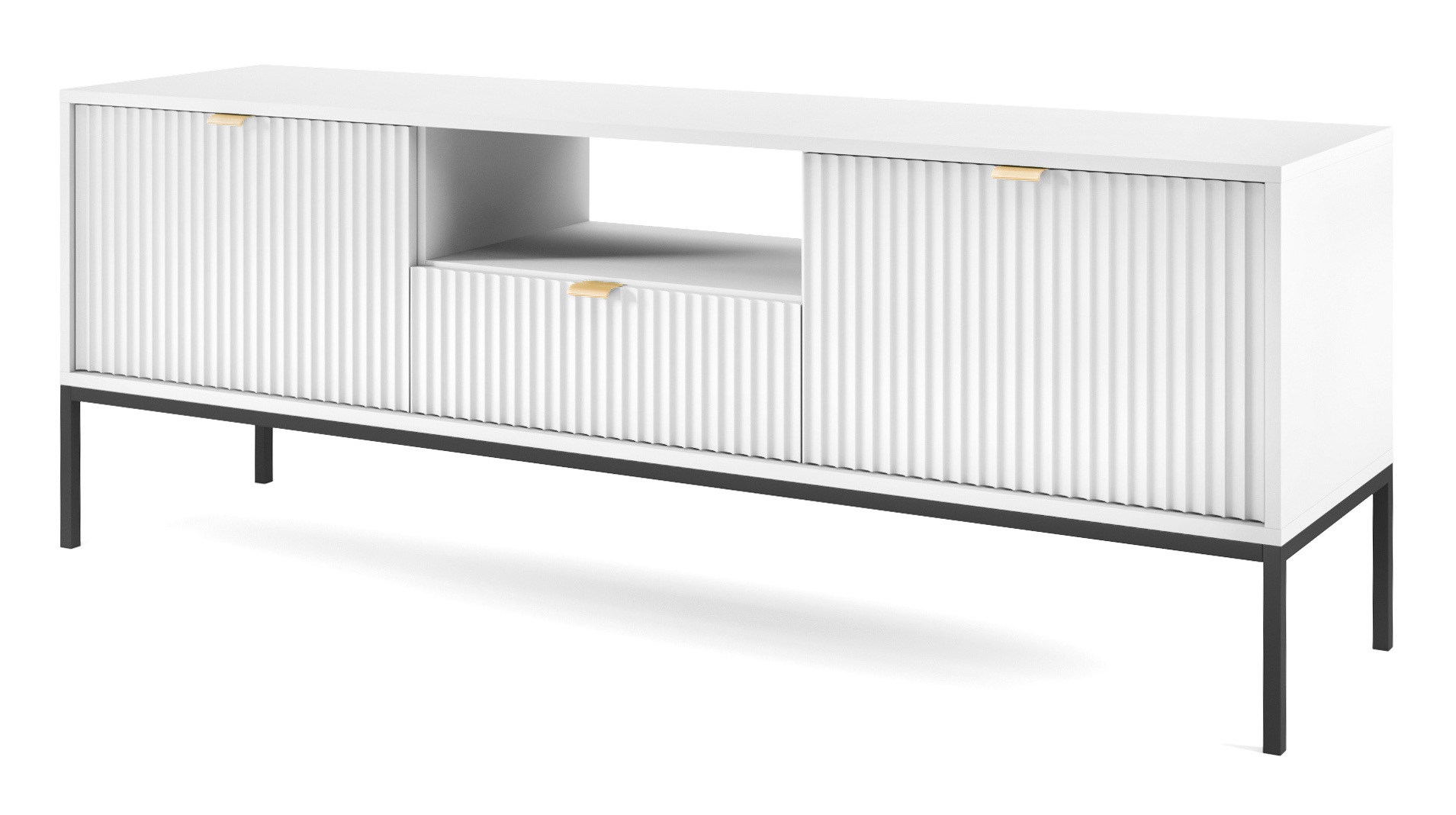 Szafka RTV Vellore 154 cm biała z ryflowanymi frontami i złotymi uchwytami - zdjęcie 1