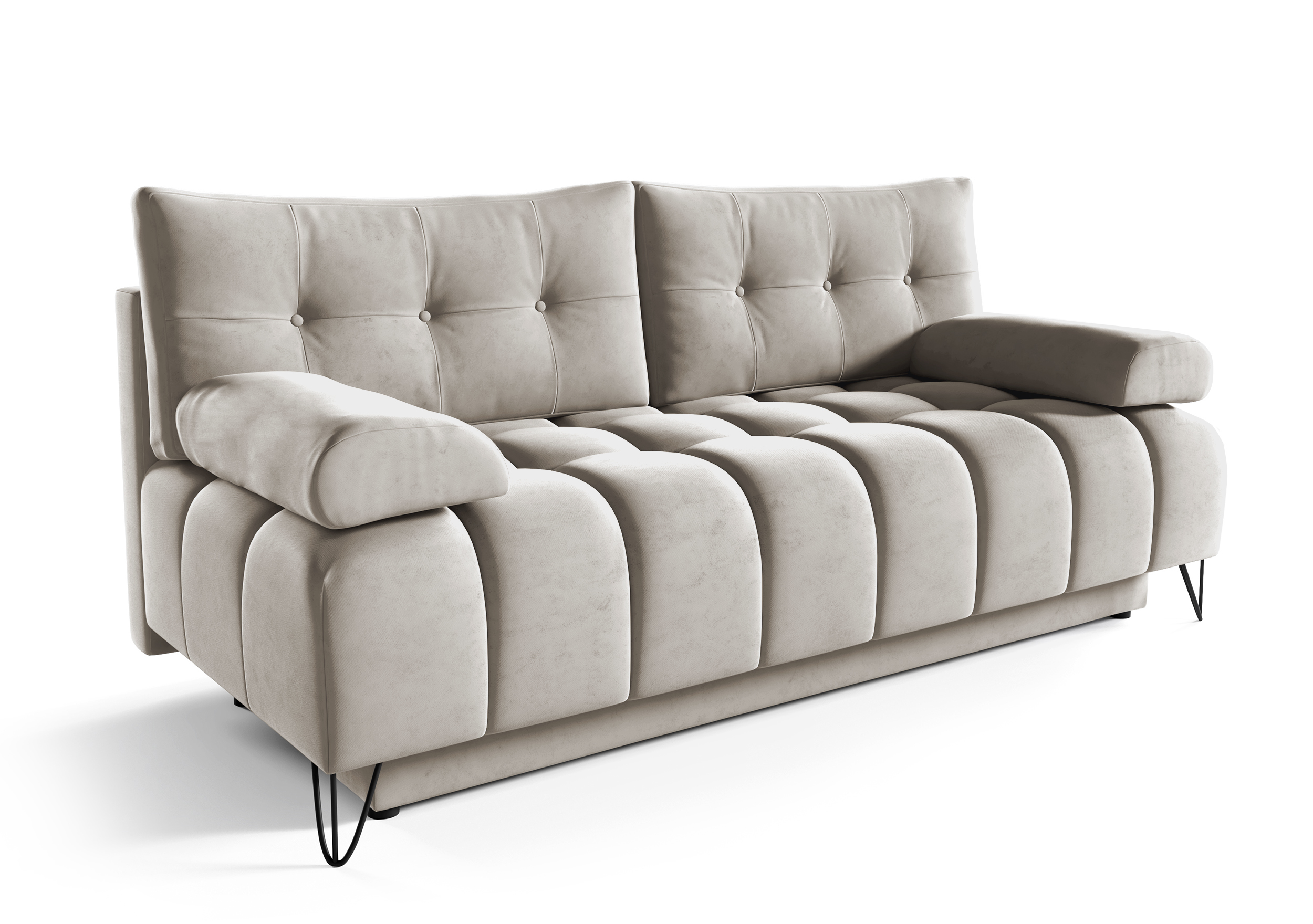 Kanapa rozkładana trzyosobowa Bareli jasnobeżowa z pojemnikiem welur hydrofobowy - zdjęcie 1