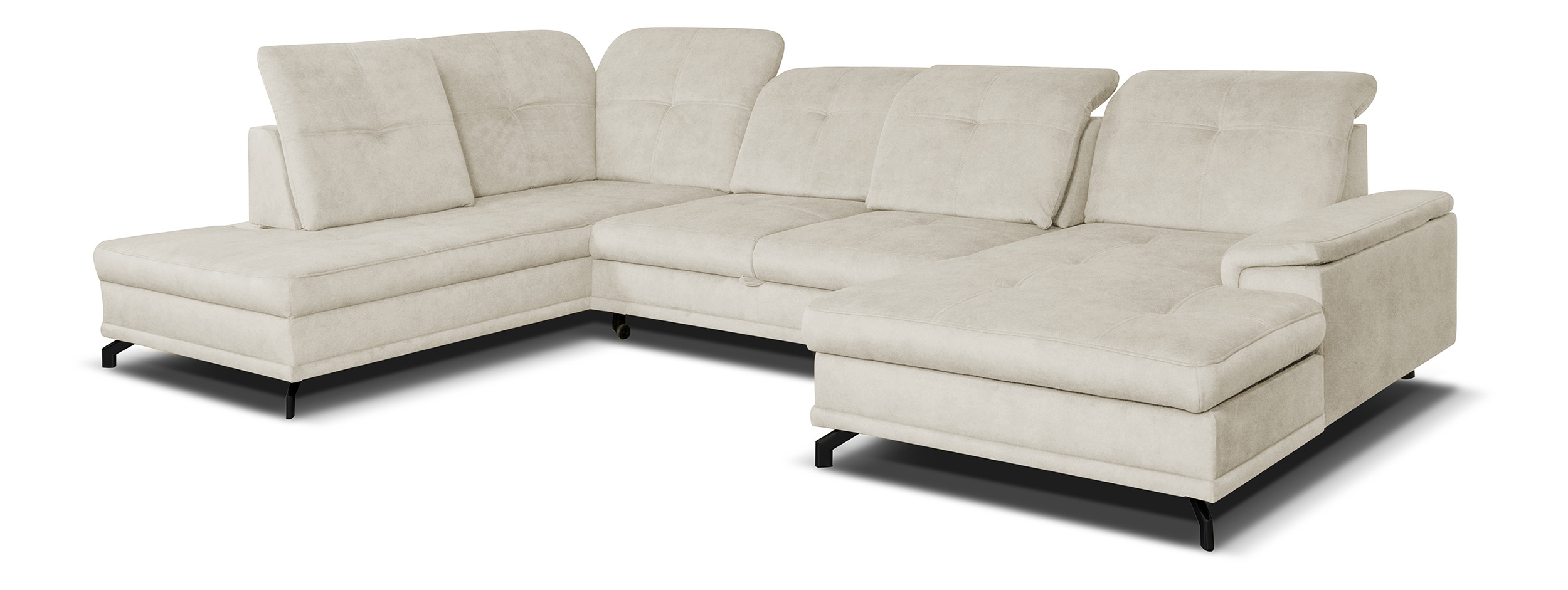 Narożnik z funkcją spania Berberati U-kształtny kremowy nogi czarne velvet hydrofobowy z pojemnikiem prawostronny - zdjęcie 1